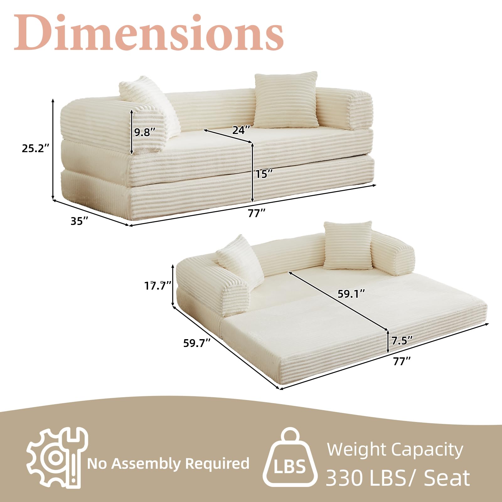 78 Inch Convertible Futon Sofa Bed,Folding Boneless Couch with Sleeper Sofa,Fold Out Floor Sofa Couch with Deep Seat,Cloud Corduroy Foldable Mattress Couches for Living Room(Off White)