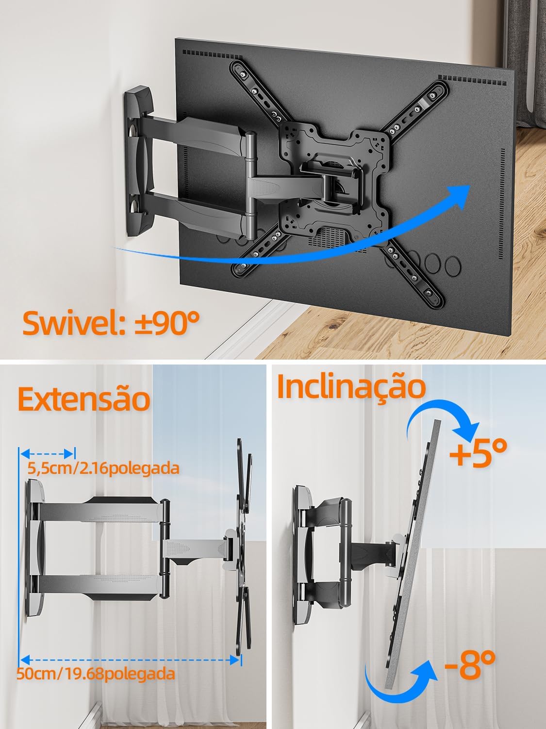Suporte Articulado de Parede para TV, Ajuste Livre, Adequado para TVs Planas e Curvas de 16 a 63 Polegadas (VESA 400 x 400 Max), Suporta um Peso Máximo de 35 Quilogramas, Instalação Fácil (Preto)