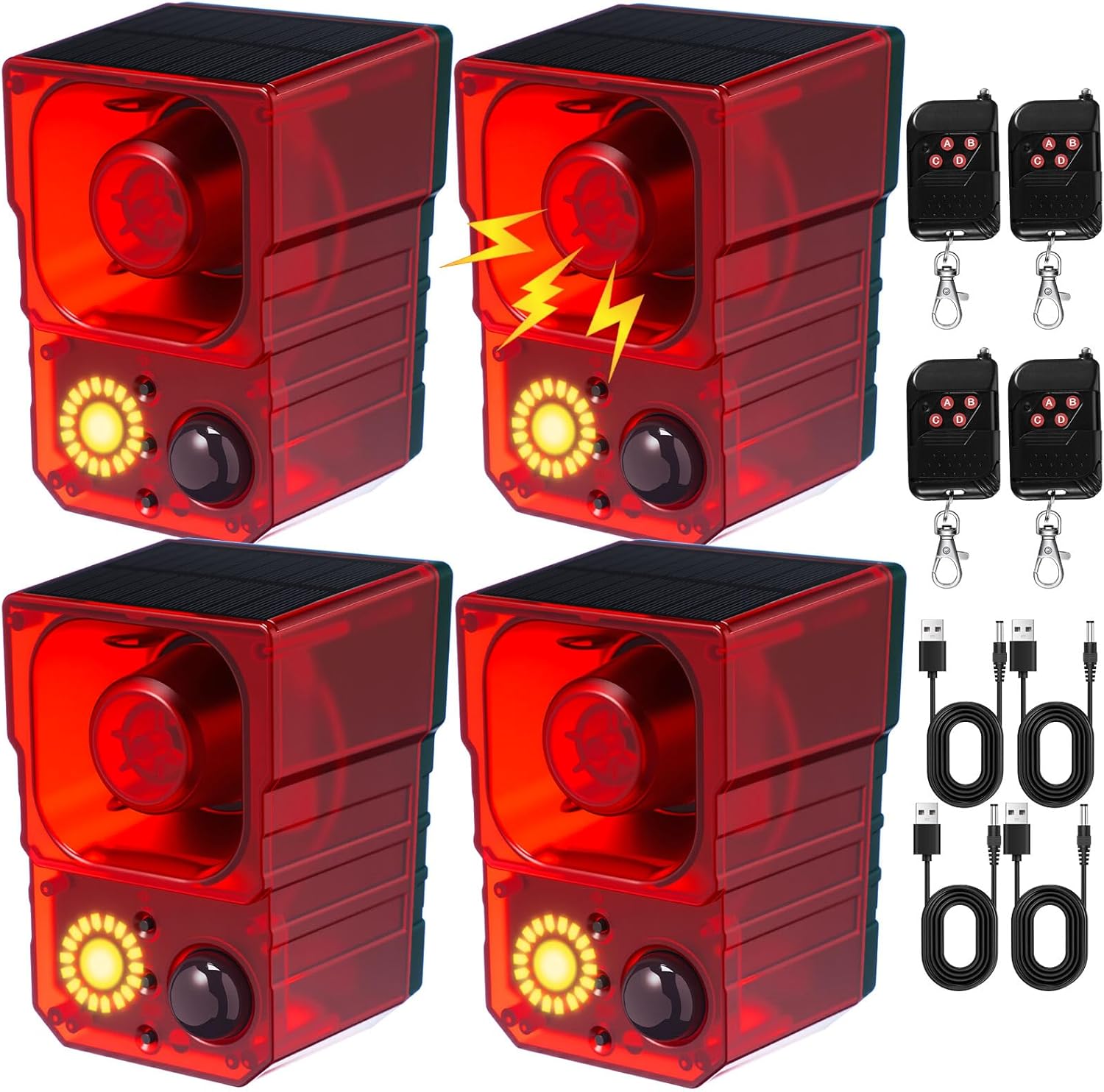 Qualirey 4 Pack Photo voltaic Out of doors Movement Sensor Alarm Movement Detector Alarm Canine Barking Gunshot Sound Help Recording, 130db Loud Noise Maker with Flashing Mild Distant Management for Yard Deterrent