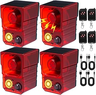Qualirey 4 Pack Solar Outdoor Motion Sensor Alarm Motion Detector Alarm Dog Barking Gunshot Sound Support Recording, 130db Loud Noise Maker with Flashing Light Remote Control for Yard Deterrent
