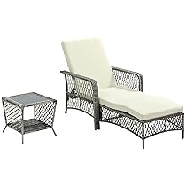 Outsunny Set Lettino Prendisole Regolabile su 5 Posizioni e Tavolino in Rattan PE, Sdraio da Giardino e Tavolino a 2 Ripiani, Bianco Crema