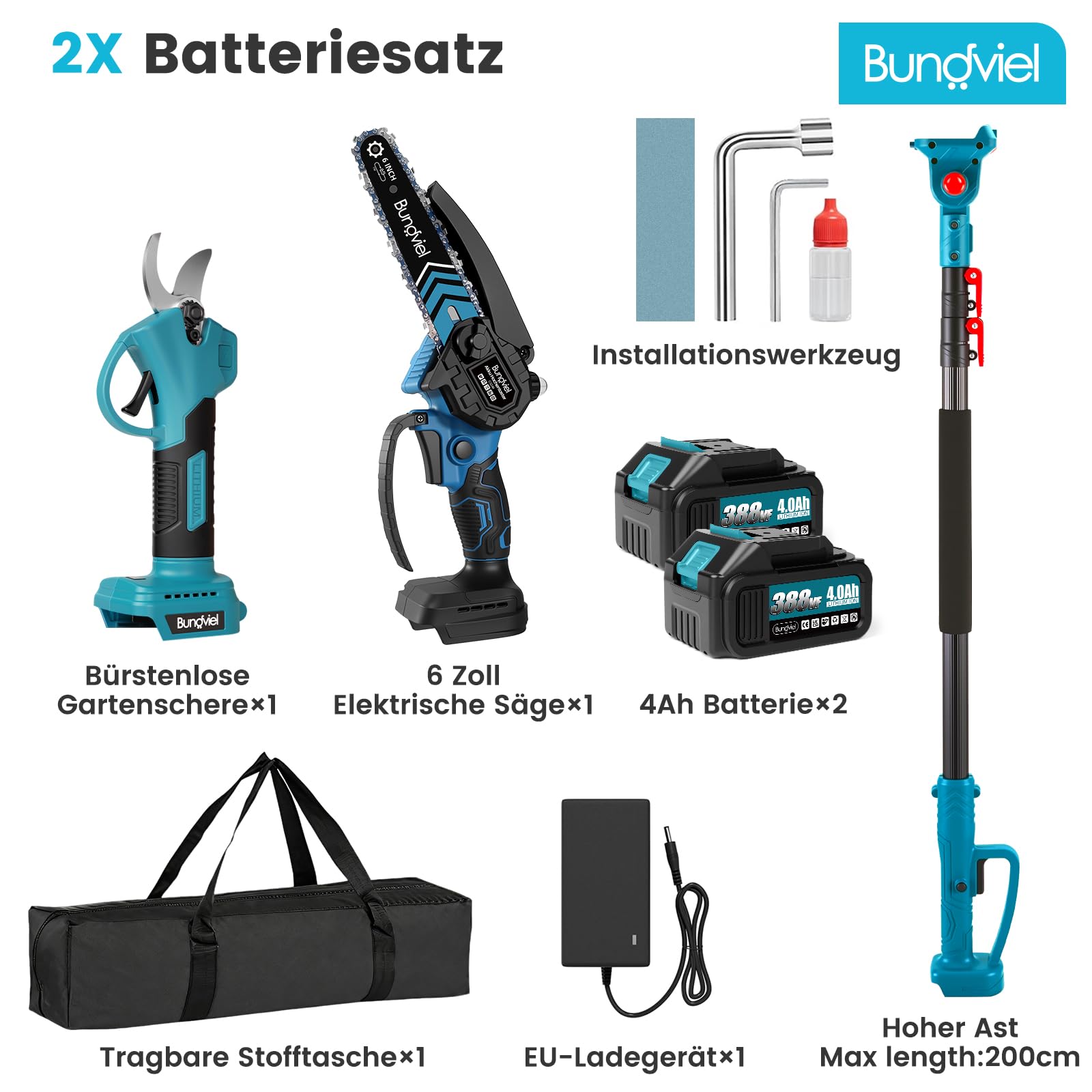 Potatore a batteria 4 in 1, compatibile con batteria Makita, mini motosega senza spazzole da 6 pollici e cesoie elettriche da 25 mm, 2 batterie da 4,0 Ah, asta telescopica fino a 235,5 cm