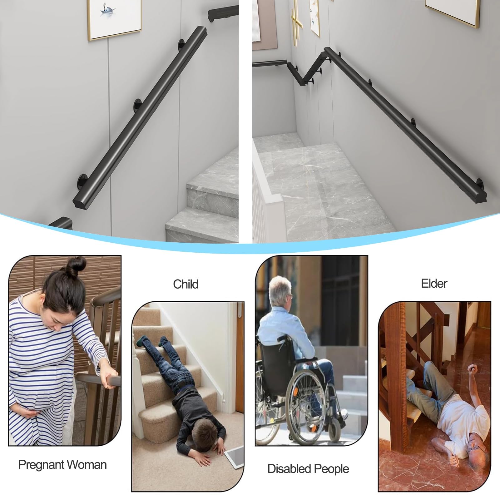 Corrimano in Legno per Scale 80 cm 1 m 120 cm 1,5 m Nero Decorazione Moderna Antiscivolo Robusto Supporto di Sicurezza Maniglia(30cm)