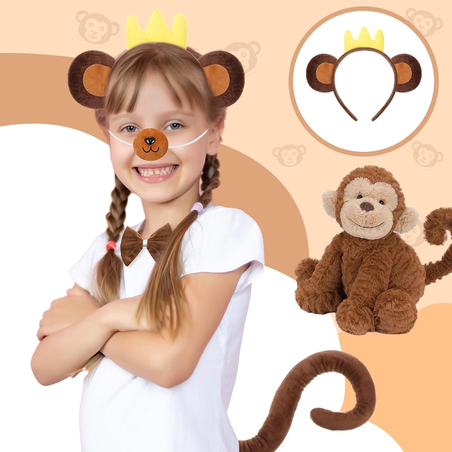 Maiteenly Carnival Monkey Accessories Set Cosplay Monkey Nose Ears Headband Long Tail Bowtie for Kids Halloween Party