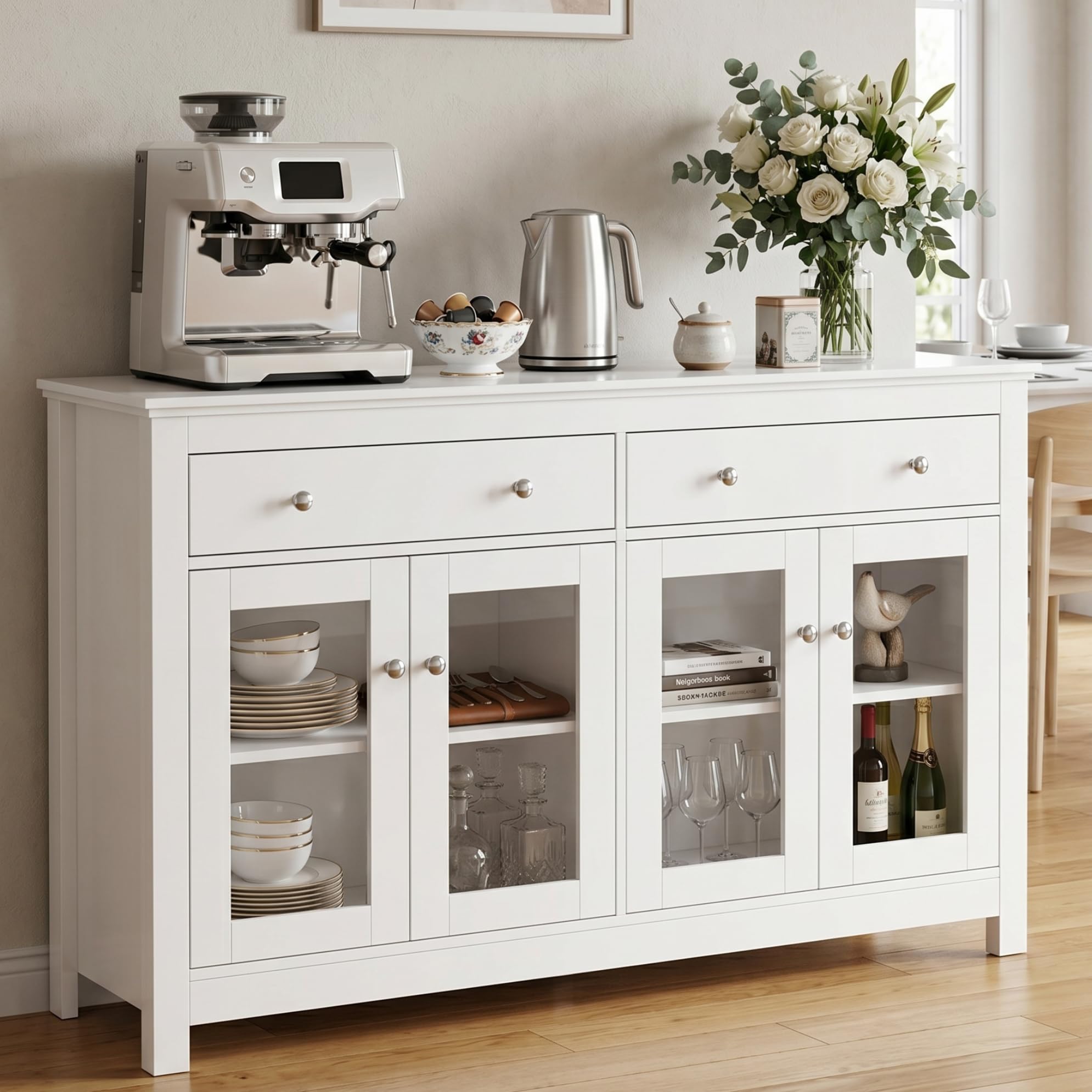 Sideboard,Küchenschrank mit Arbeitsplatte,Küchenommode mit 4 glastüren,2 Schubladen,Verstellbaren Regalen & Anti-Kipp-Set,für Küche Wohnzimmer Esszimmer,Buffetschrank 140x90x40cm,Weiß