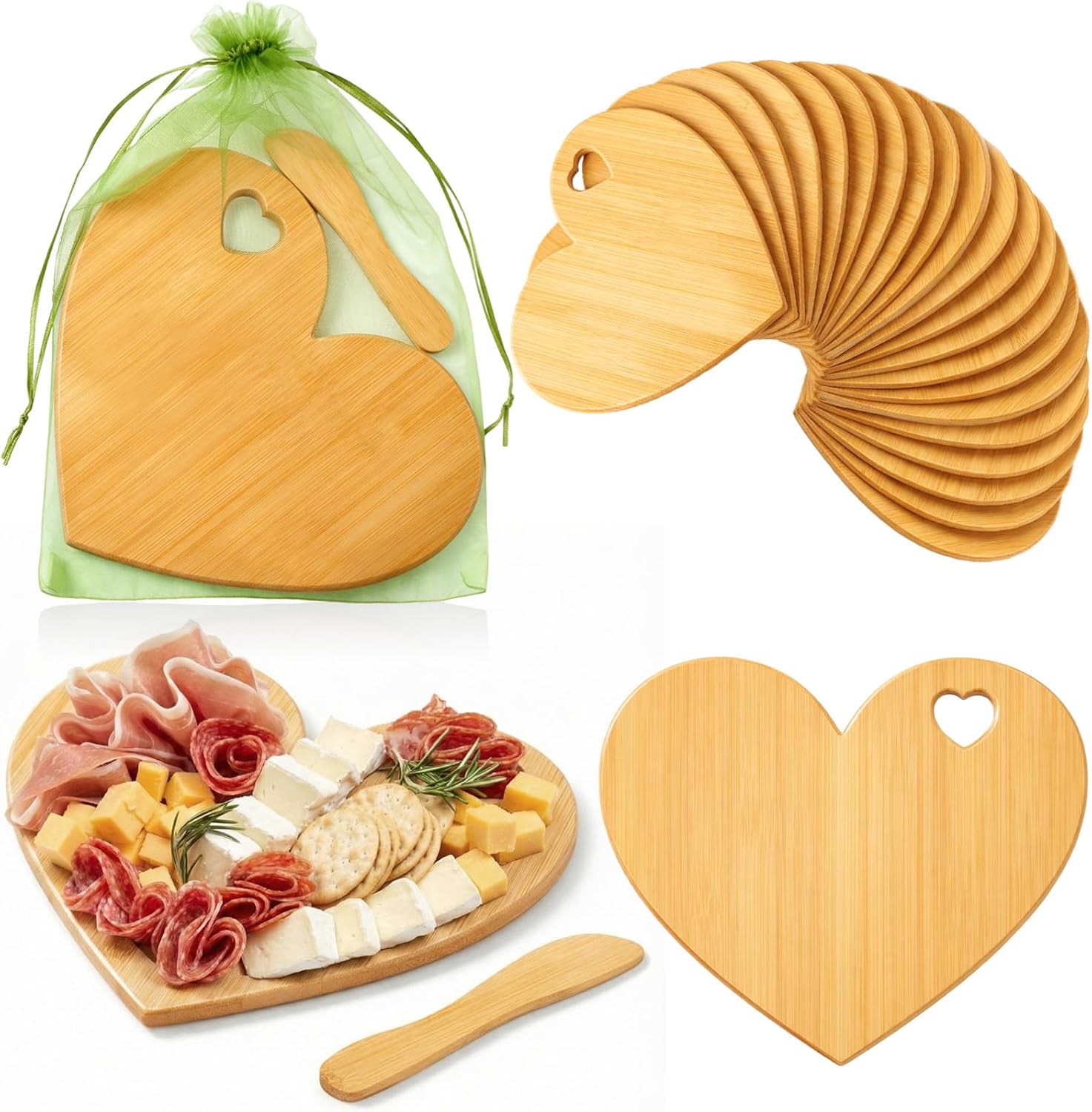 Nuenen 20 Pcs Mini Wooden Charcuterie Board Bulk, Small Wood Cutting Board for Crafts Laser Engraving with Knives Organza Bags Wedding Baby Shower Favors Gift (Heart,Bamboo Color)