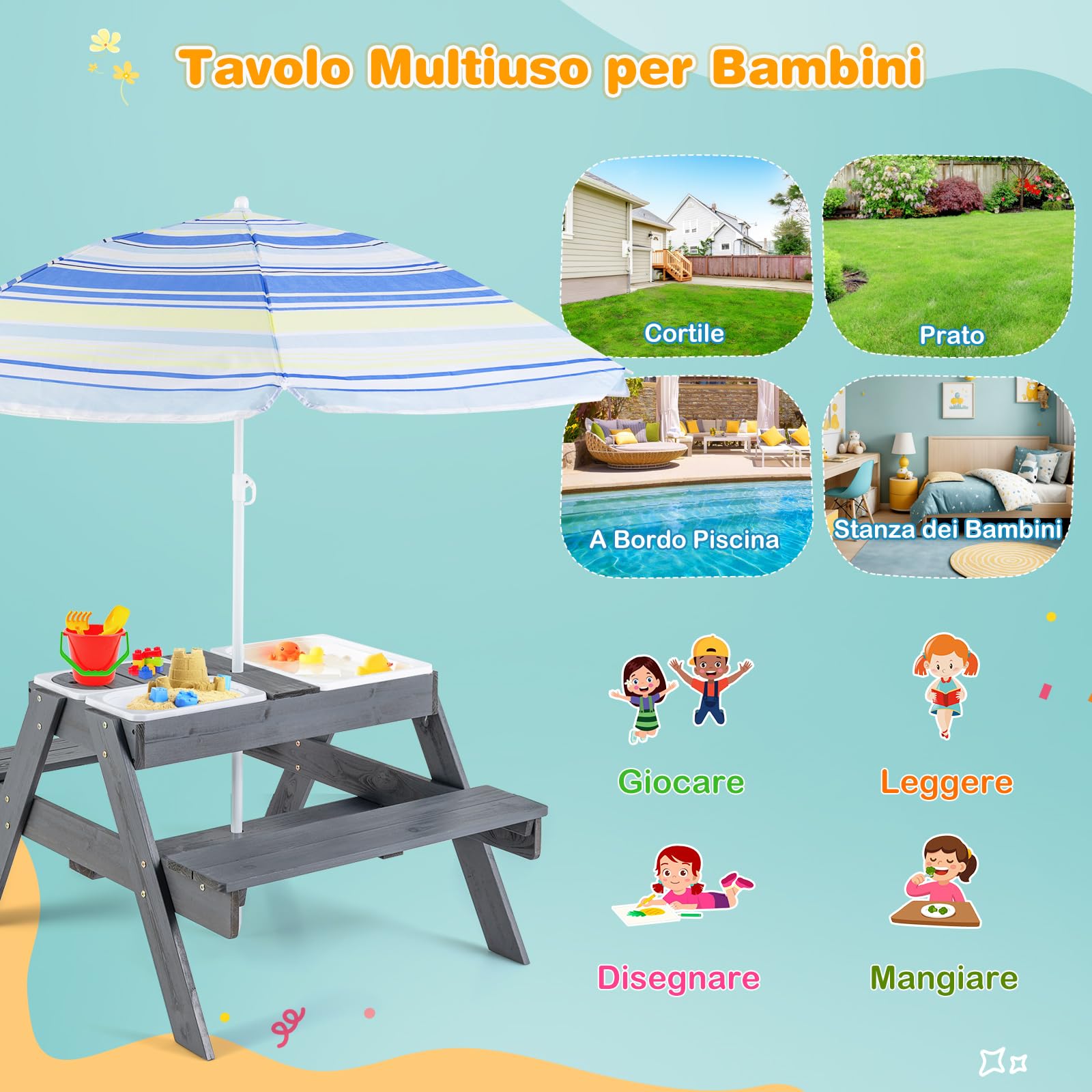 COSTWAY 4 in 1 Tavolo da Picnic per Bambini, Tavolino Sabbiera | Set di Tavolo e Panca in Legno per Spiaggia con Ombrellone e 3 Scatole di Plastica Rimovibili per Patio, Giardino e Cortile