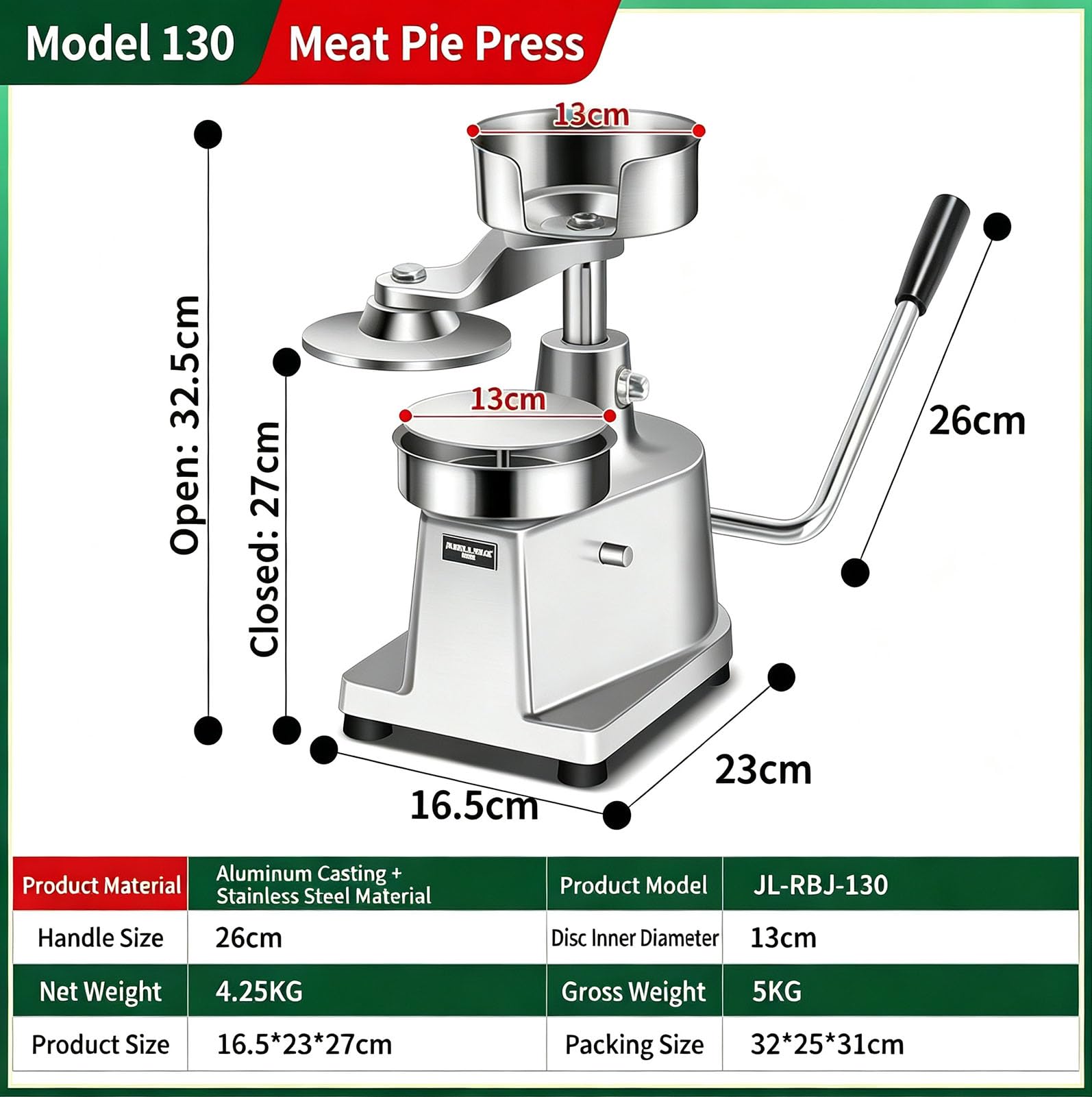 Runde Burgerpresse Manuell, Patty-Former mit Edelstahlteilen für Gartengrill, Street Food, Catering und kleine Gastronomiebetriebe,Pressing ⌀130mm