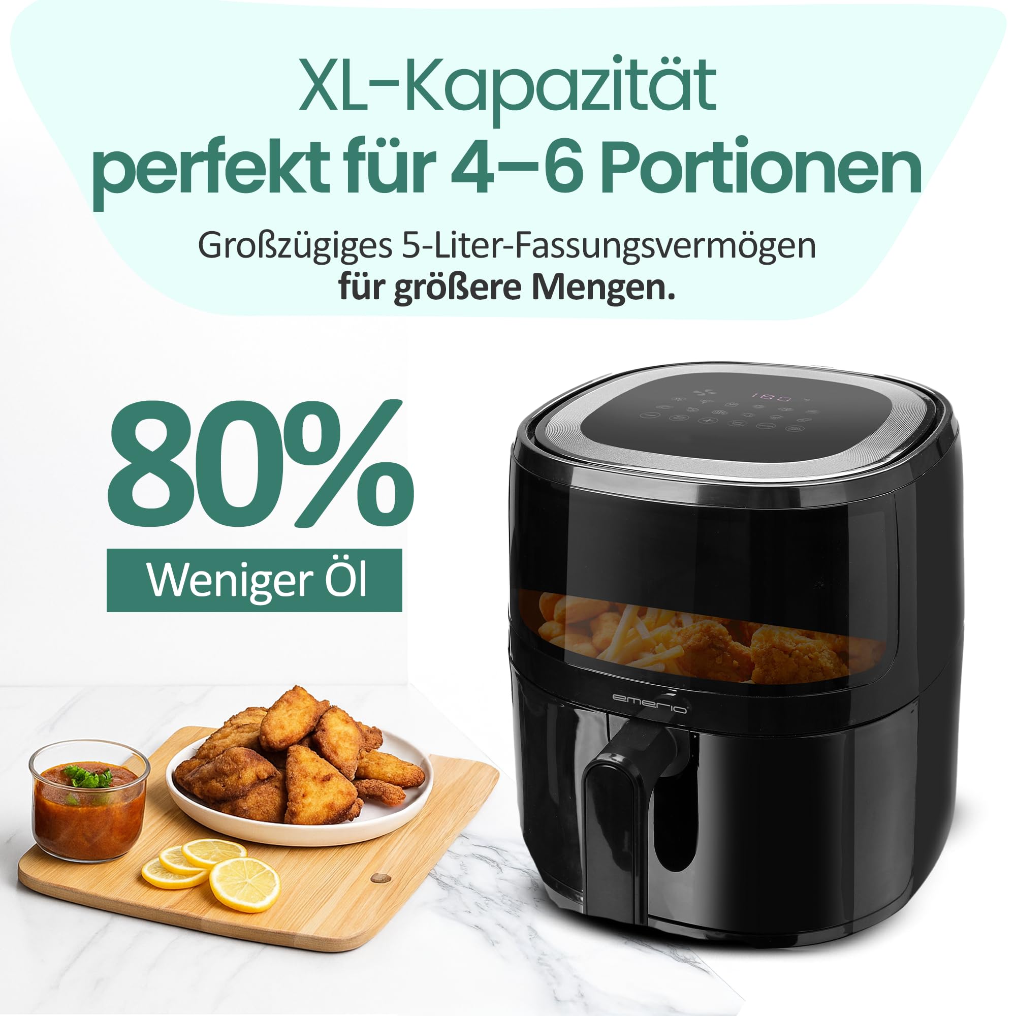 Emerio AF-129329.3 AirFryer - Freidora digital de aire caliente con ventana de visualización, volumen 5 L, 1500 W, color negro