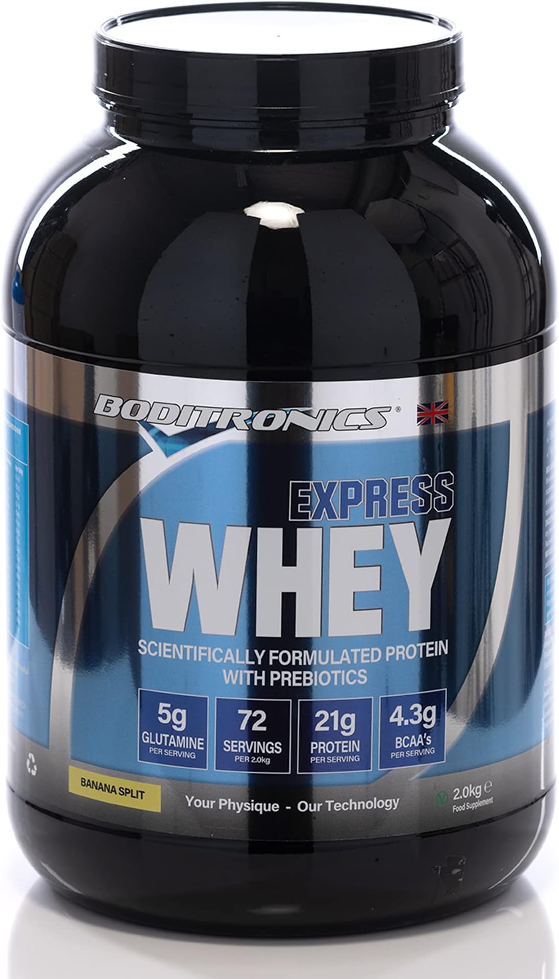 Boditronics Express Whey Protein Powder Muscle Building Powder with Dietary Fibre, BCAA, and High Levels of L-Glutamine Prebiotic Mass Gainer Whey Protein Isolate Protein Shakes (Banana Split, 2kg)