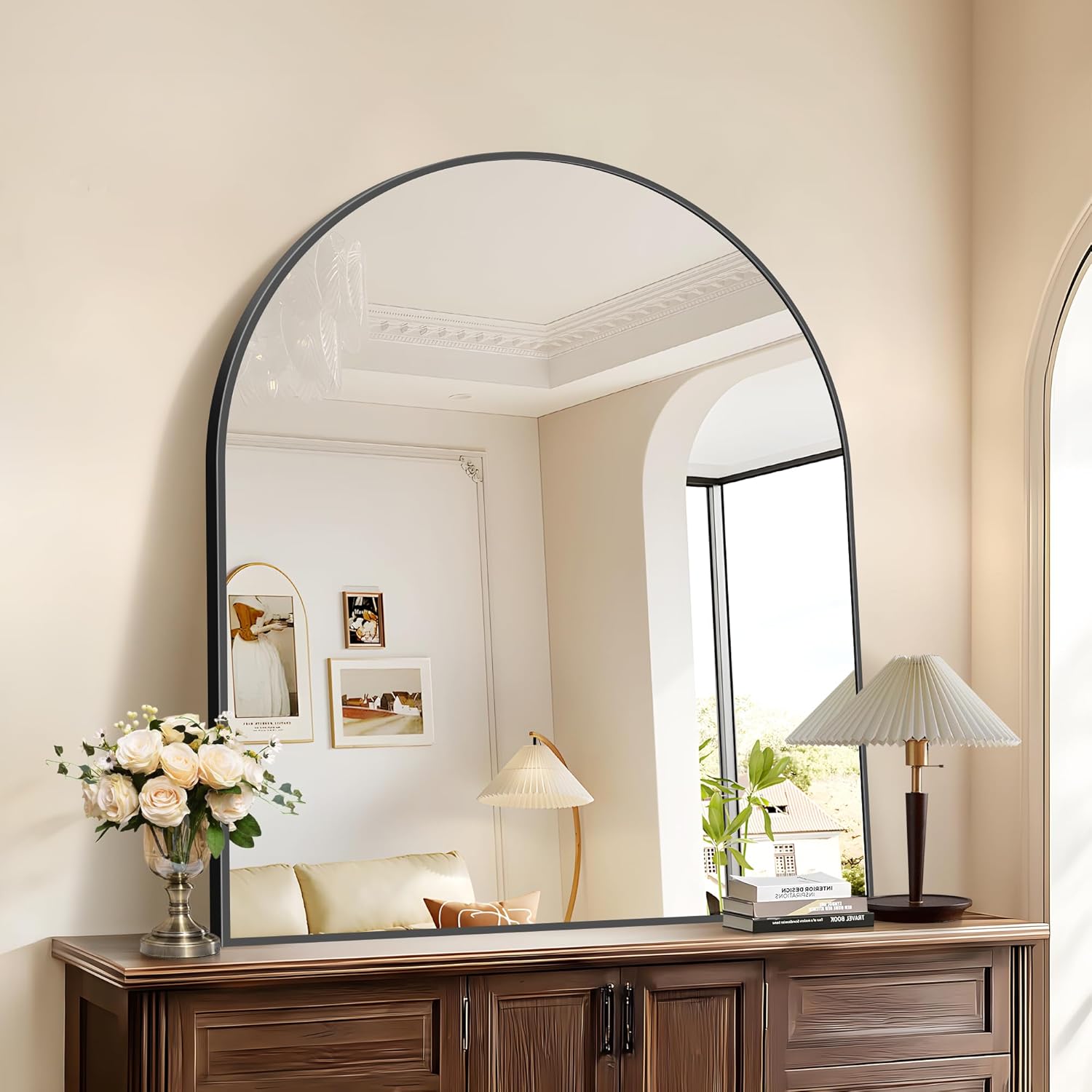 Black Arch Mirror, 36”x40” Black Mirror for Bathroom, Wide Arched Bathroom Mirror with Metal Wall Mounted Mirror for Bedroom Living Room Entryway Modern