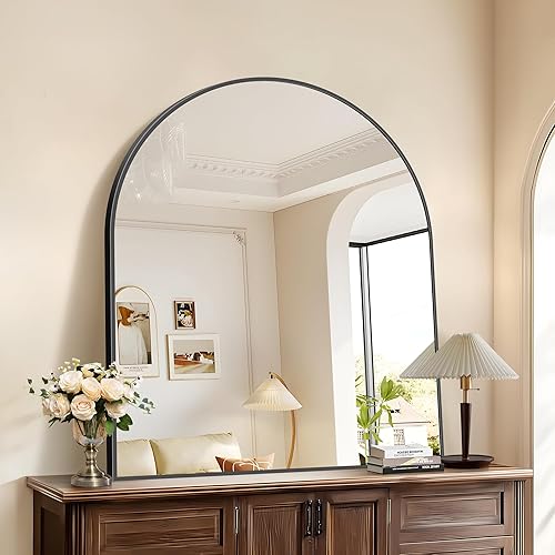 Black Arch Mirror, 36”x40” Black Mirror for Bathroom, Wide Arched Bathroom Mirror with Metal Wall Mounted Mirror for Bedroom Living Room Entryway Modern