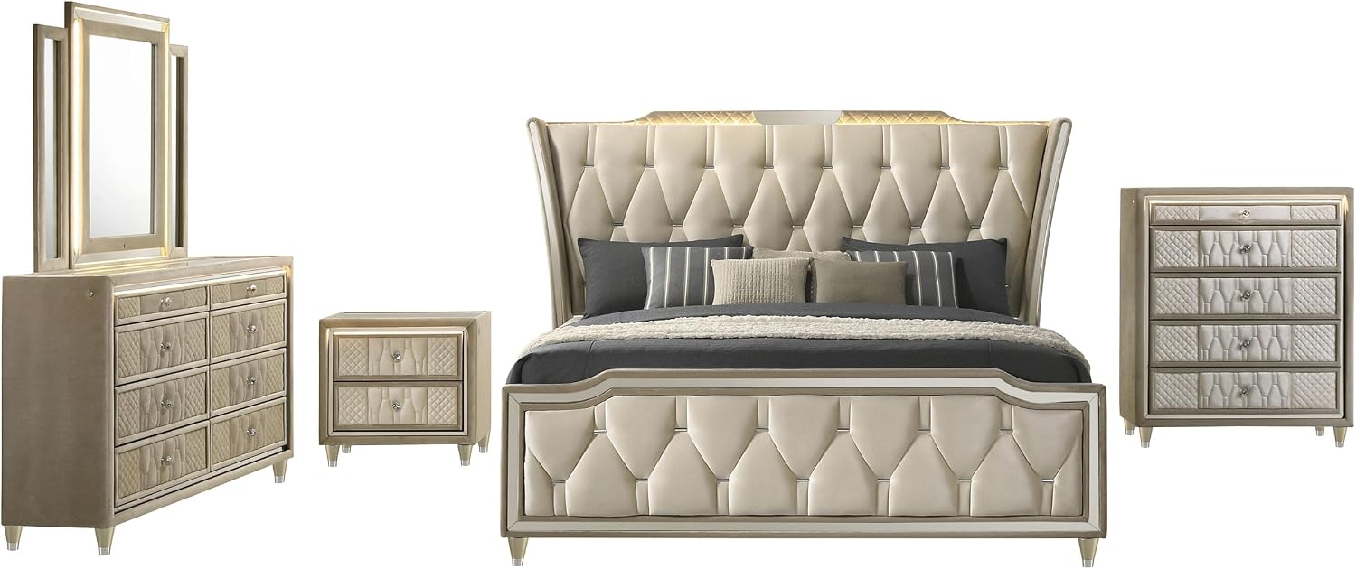 Coaster Home Furnishings - Lorient - Wood and Velvet - 5-Piece Bedroom Set with LED Wingback Bed, USB Port, and Tufted Crown Details - Bedroom - Eastern King Size - Ivory and Camel - 222661KE-S5