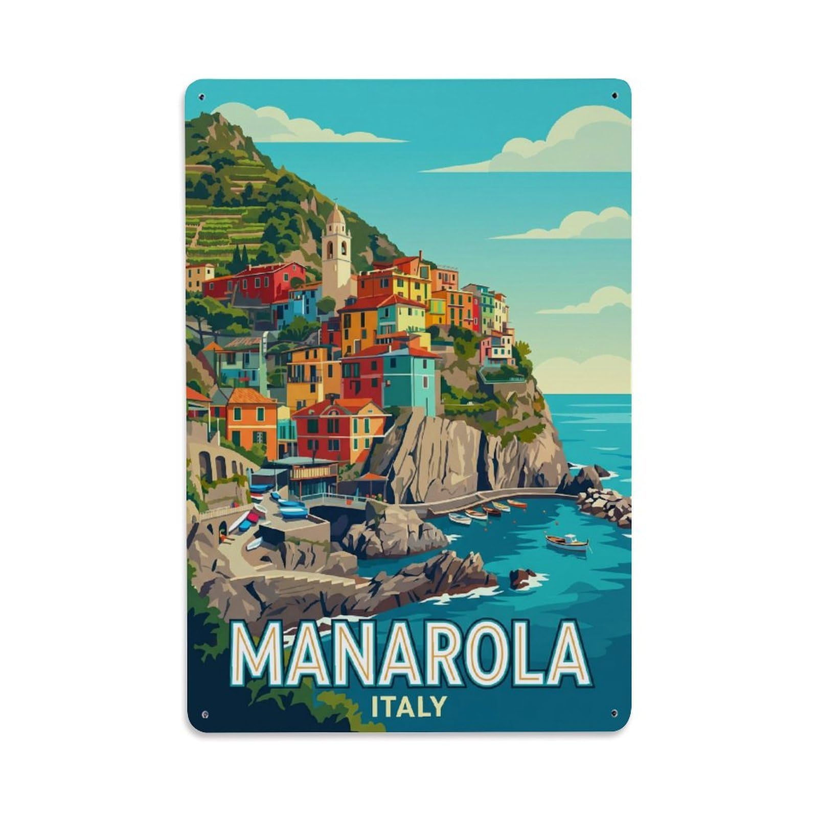 Manarola Italian Riviera Classic Mediterranean Metal Tin Sign Plaque Wall Decor for Cafe, Man Cave, Club Bar, Office, Home Garden Round Metal Poster 8x12Inch