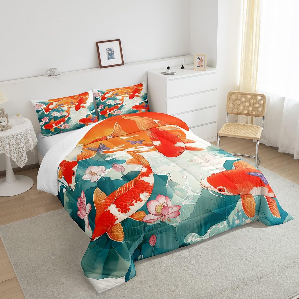 Japanese Style Queen Bedding Set Red White Koi Comforter Set Queen, Oriental Ink and Wash Bedding Comforter Sets Pink Lotus Down Comforter, Botanical Plants Bedding Comforter Sets Hippie Room Decor