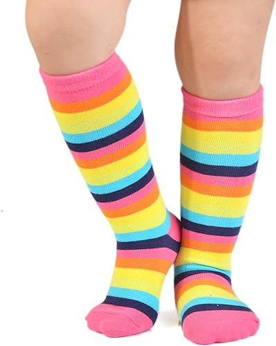 Miniatura 6 de EPEIUS Calcetines altos hasta la rodilla con rayas de arco iris para bebé, calcetines de tubo antideslizantes para uniforme de fútbol para niños