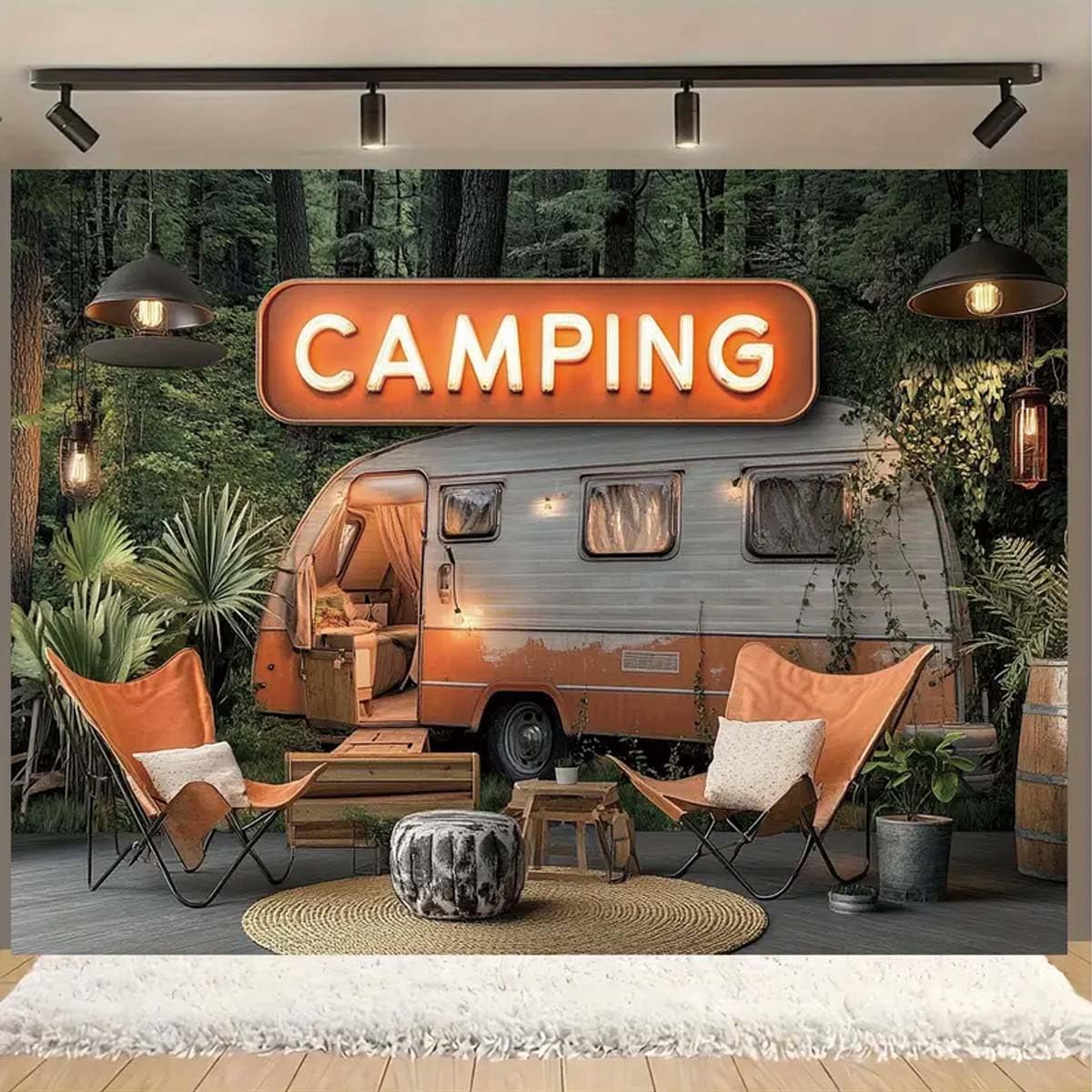 Fondo de fotografía de caravana vintage de bosque de campamento, telón de fondo de campamento feliz con temática de camping y naturaleza, reutilizable, telón de fondo de aventura al aire libre