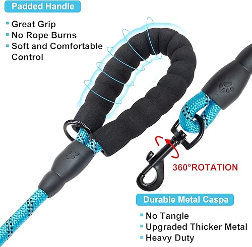 Miniatura 3 de BEAUTYZOO Paquete de 3 correas de cuerda resistente para perros, correa de nailon para mascotas de 6 pies con hilo reflectante, mango acolchado