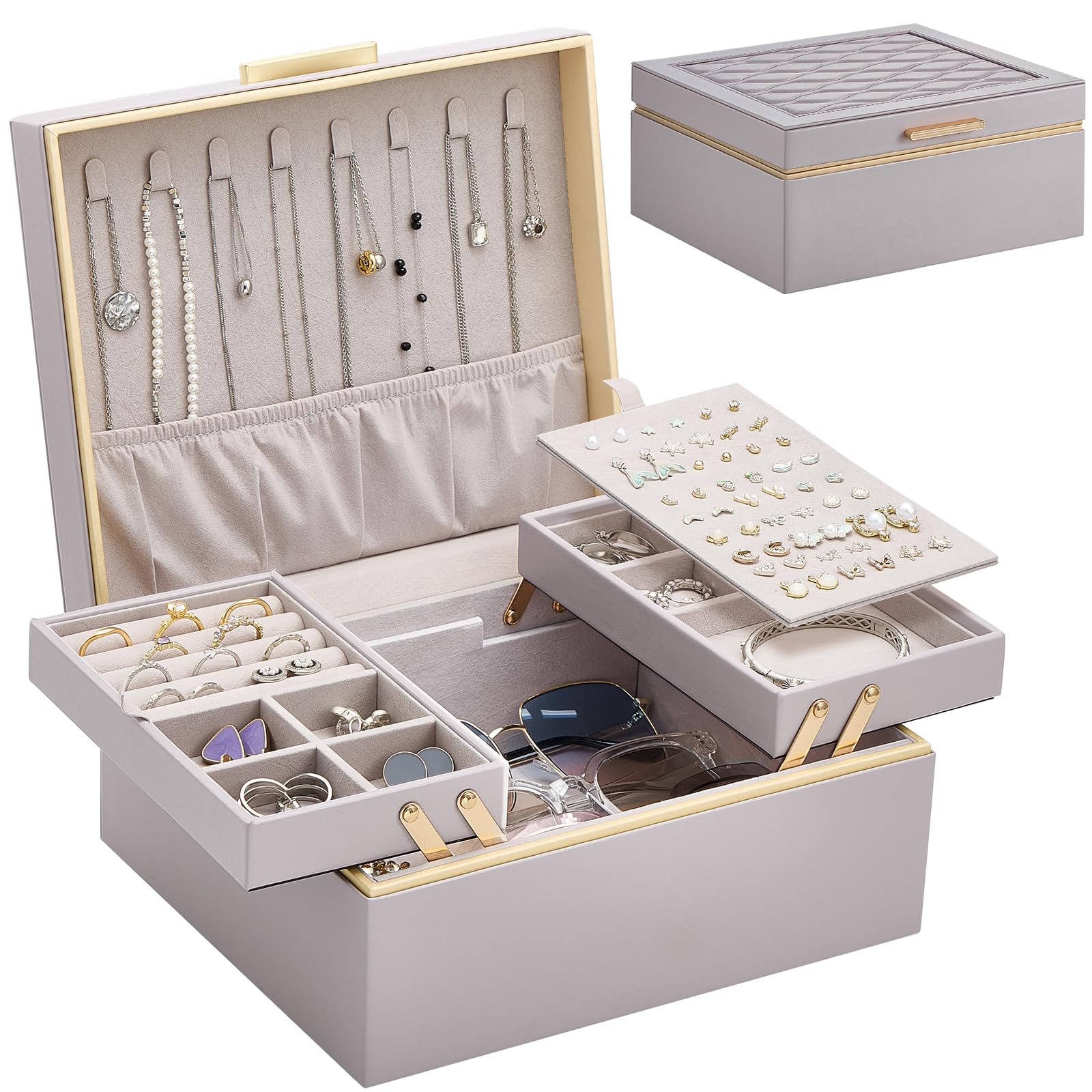 Lolalet Boîte à Bijoux, Coffret de Rangement pour Bijoux en Cuir PU, Multi-Compartiments pour Colliers, Bagues, Boucles d’oreilles, Bracelets et Lunettes de Soleil -2 Niveaux, Violet Brume