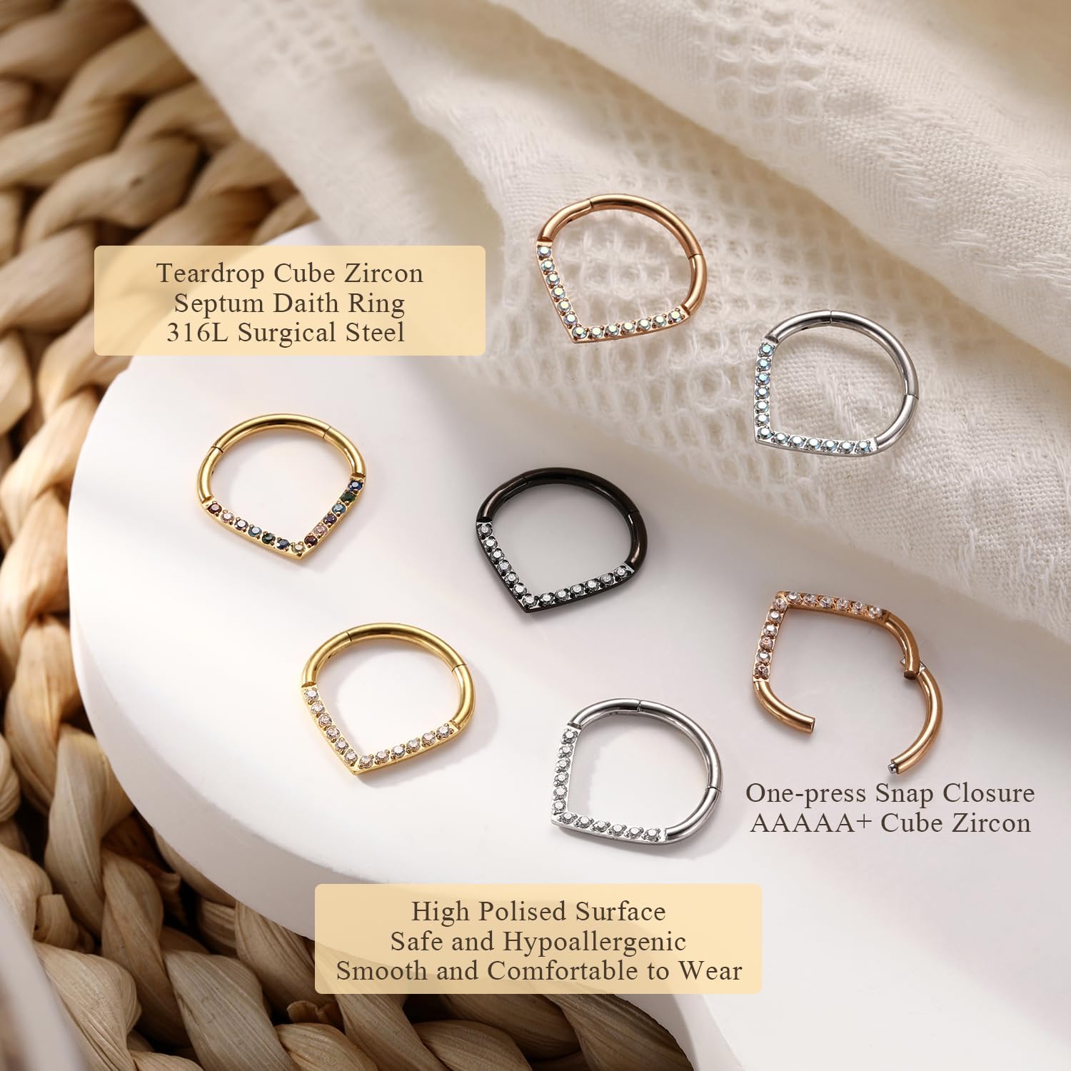 FUNLMO 16G Septum Ring Teardrop Septum Jewelry Daith Helix Tragus Rook Piercing Jewelry CZ Nose Rings Hoops Cartilage Earring 316L Surgical Steel - Image 4