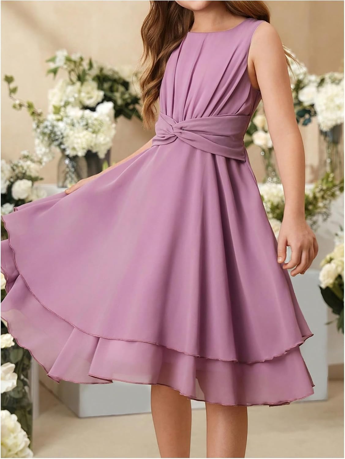 SHENHE Girl's Chiffon Flowy Dress Sleeveless Tiered Swing Bridesmaid Flower Girl Party Dress - Image 3