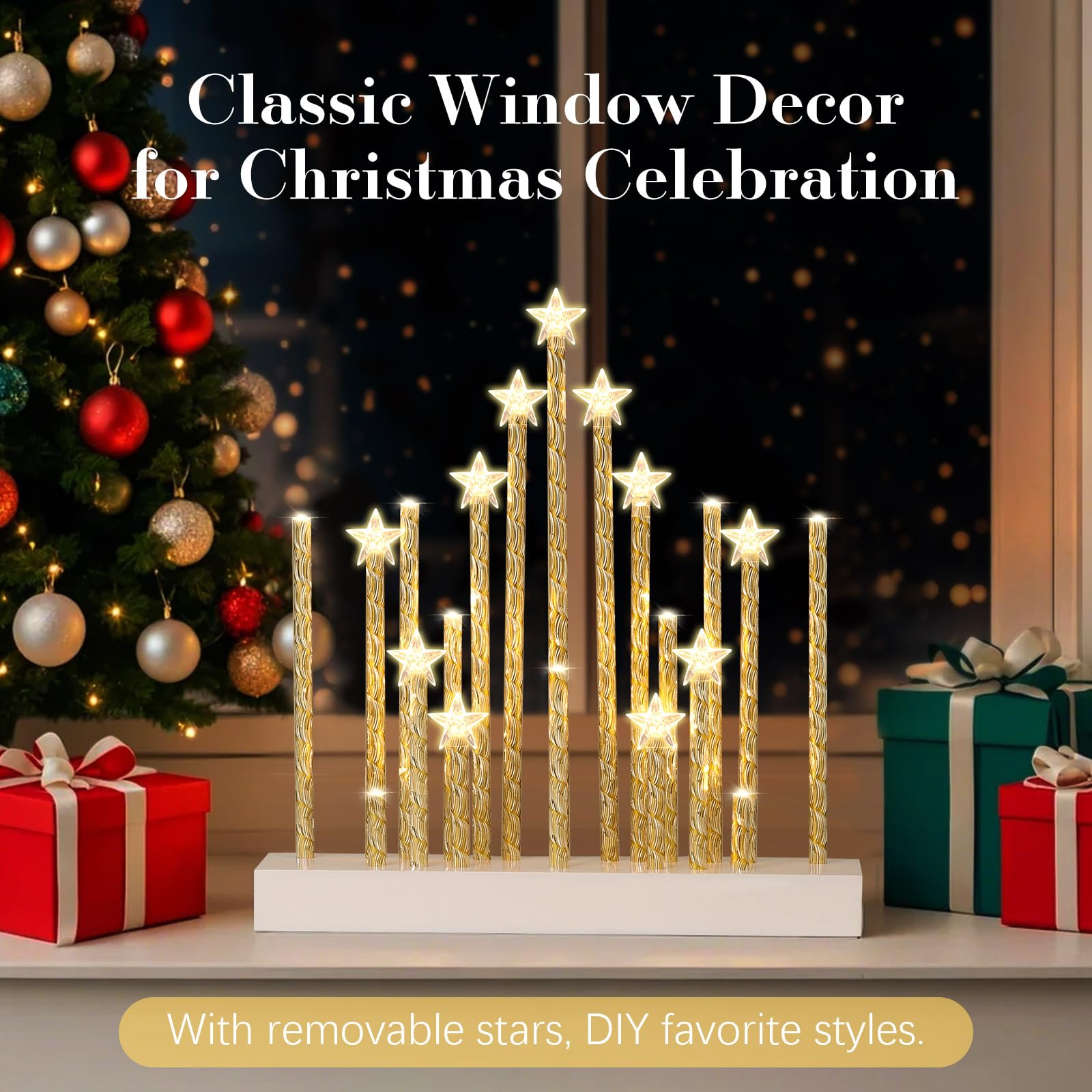 Lewondr Kerzenleuchter Weihnachten, Flammenlos 20 Kerzenlichter, Sternform | Dekorativ LED Bogen Weihnachten Holz Weihnachtslichter Fensterbank, USB-betrieben Kerzenbrücke Schwibbogen für Advent