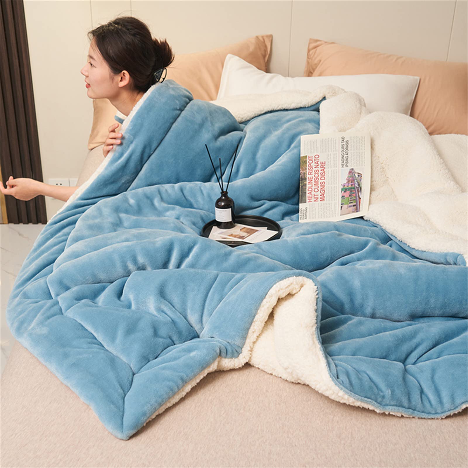 Manta Sherpa Manta Mimosa y Acogedora, Manta de Lana de Cordero, Manta Reversible de Microfibra para Cama y Sofa, Fácil de cuidar (Azul Claro,180x200cm)