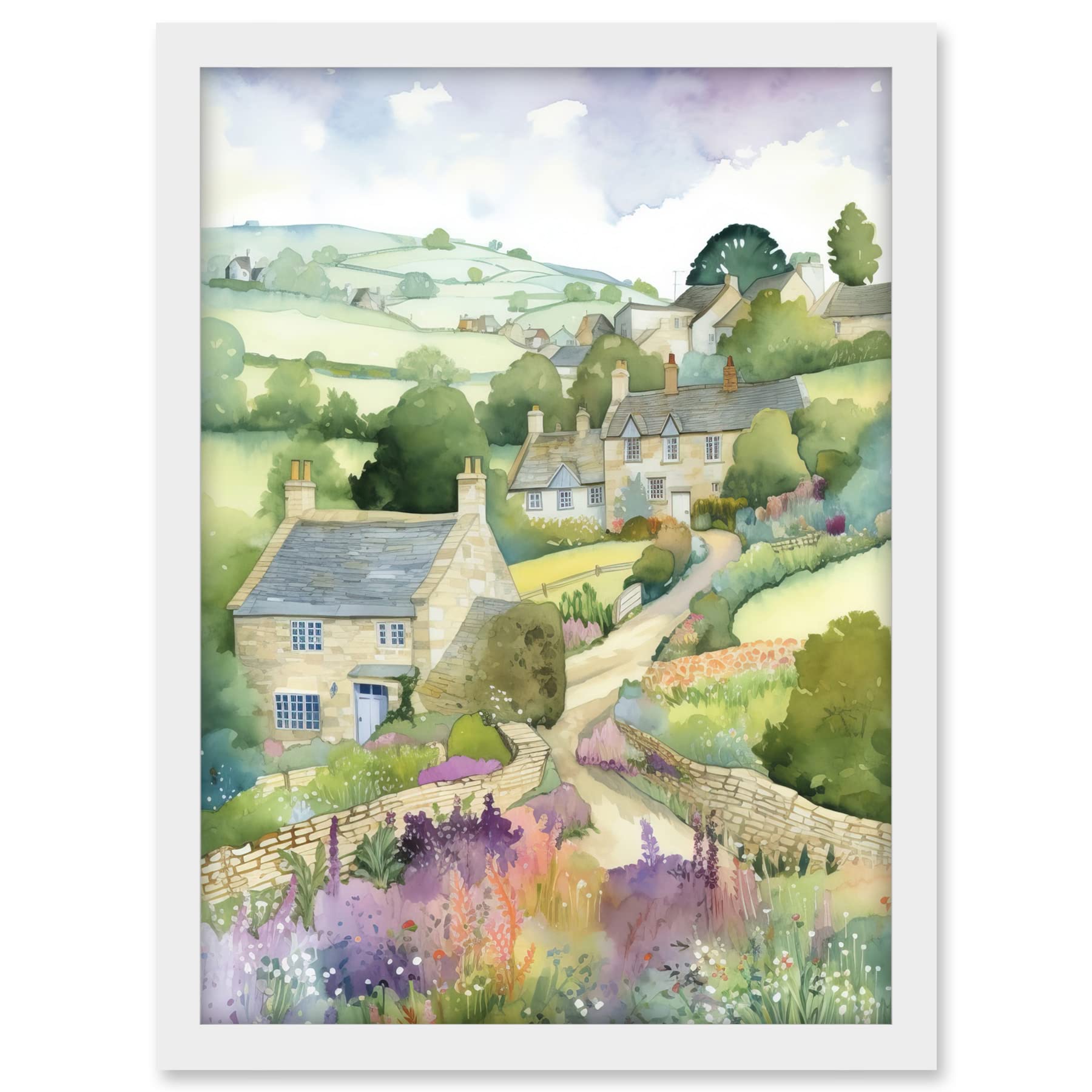 Artery8 Countryside Spring Landscape with Cottages Modern Watercolour Painting Artwork Framed A3 Wall Art Print