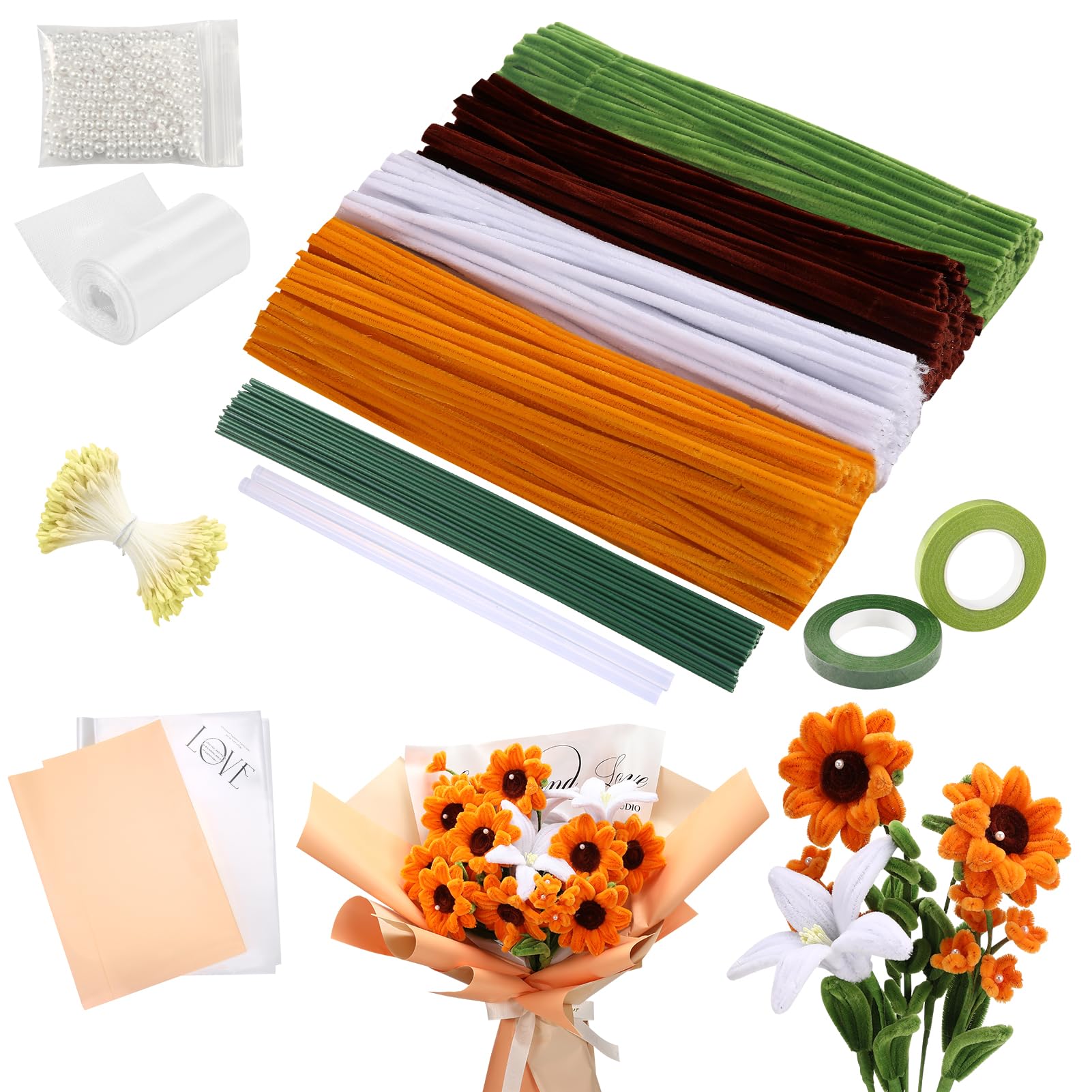 Pfeifenreiniger Blumenstrauß Set, 400 Stück Pfeifenputzer zum Basteln, DIY-Komplettset für Handarbeit und Hochzeitsblumendeko