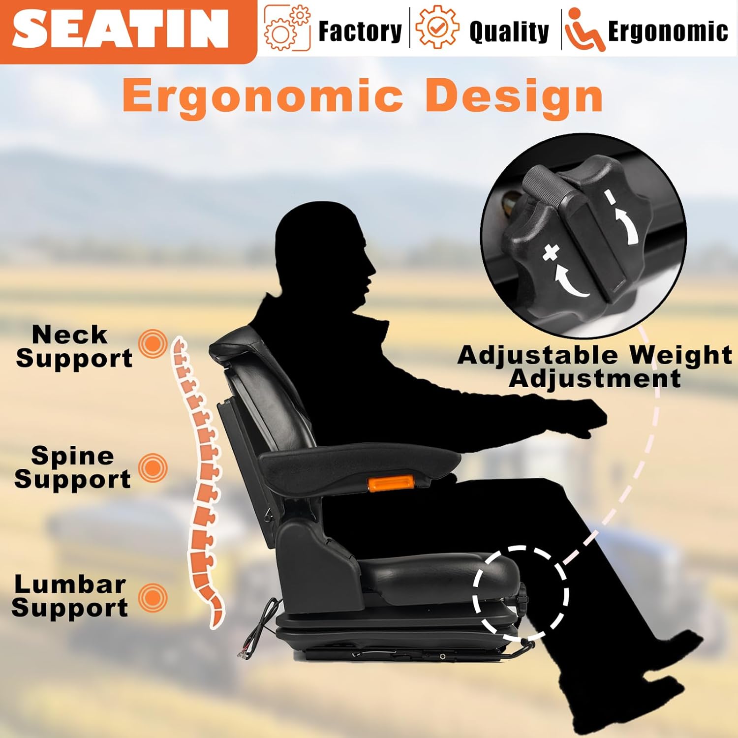 universal suspension tractor seat,zero turn mower seat with adjustable angle back, armrests,micro switch and seatbelt, heavy duty seat for skid steer excavator harvester telehandler
