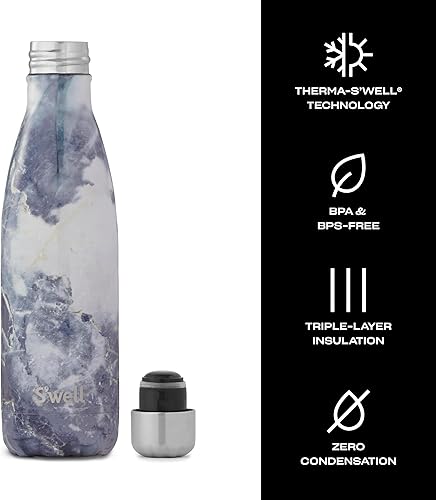 Miniatura 4 de S'well - Botella de agua de acero inoxidable, 17 fl oz, suave al tacto, color azul granito, triple capa con aislamiento al vacío, bebidas frías por