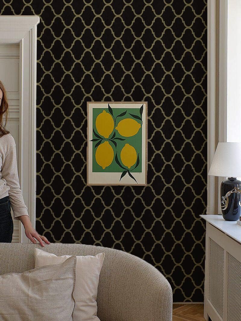 Peel and Stick Wallpaper Black/Gold Trellis Removable Wallpaper Self Adhesive Modern Geometric Textured Contact Paper for Cabinets Bathroom Kitchen Wall Covering Vinyl 78.7inx15.7in Renter Friendly