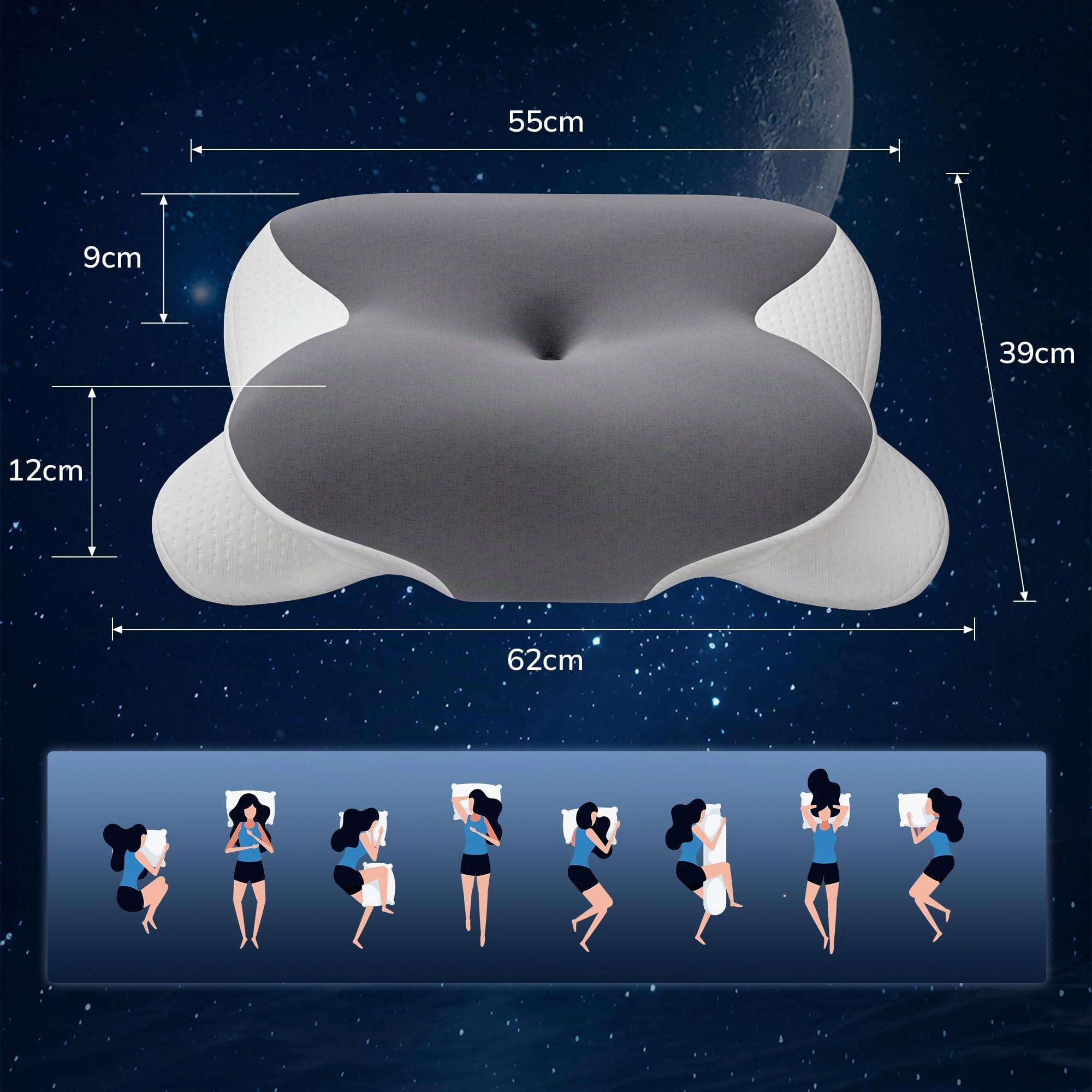 Oreiller Ergonomique en Mousse à mémoire de Forme, Forme Papillon | Double épaisseur 9cm / 12cm, housse amovible respirante pour dormeurs sur le dos, le côté et le ventre, 62 x 39 cm,Blanc&Gris