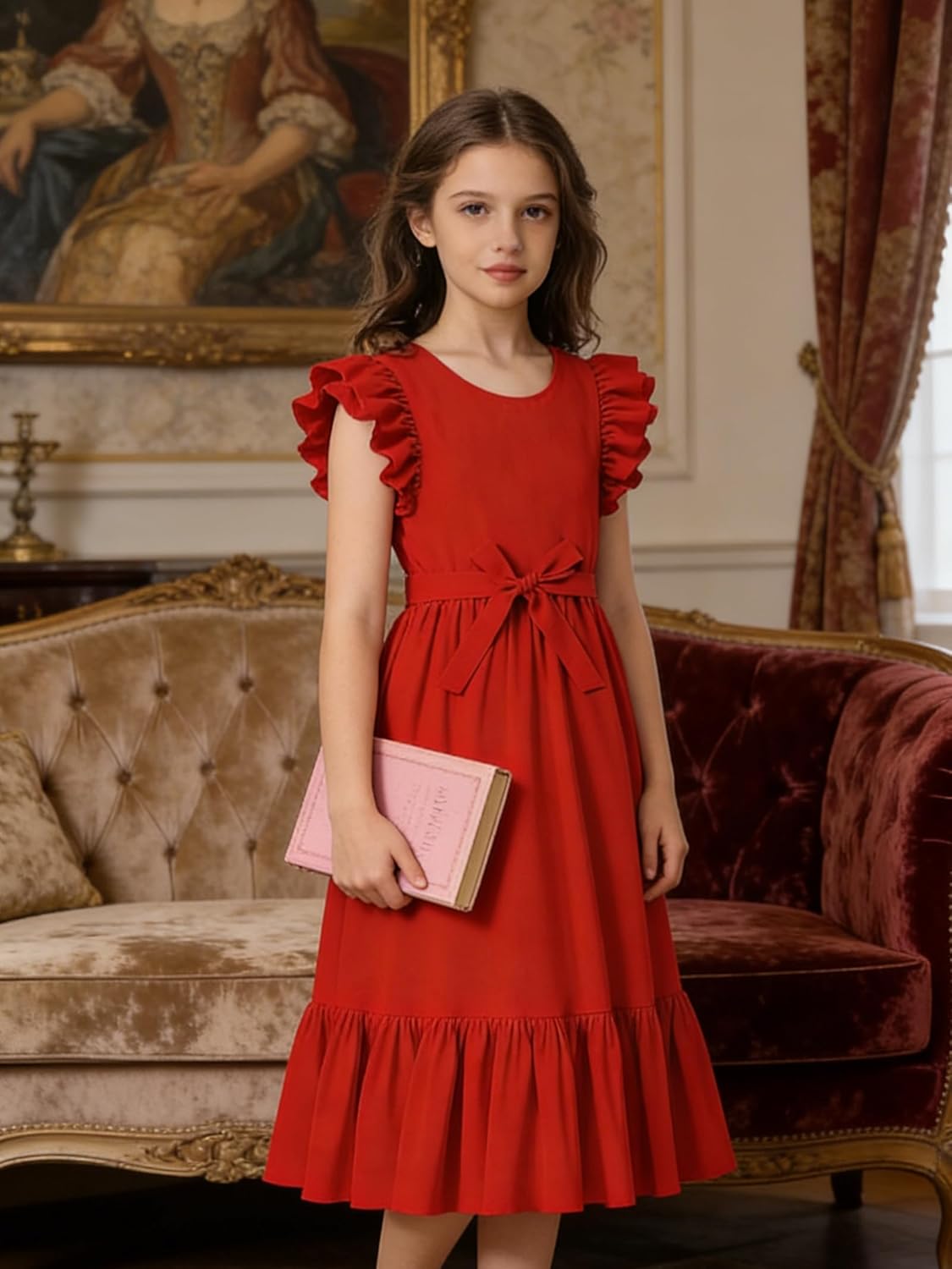 Girls Dresses Double Layer Ruffle Sleeve Dress Casual Summer Elegant A-Line Flowy Dresses 6-14 Years - Image 5