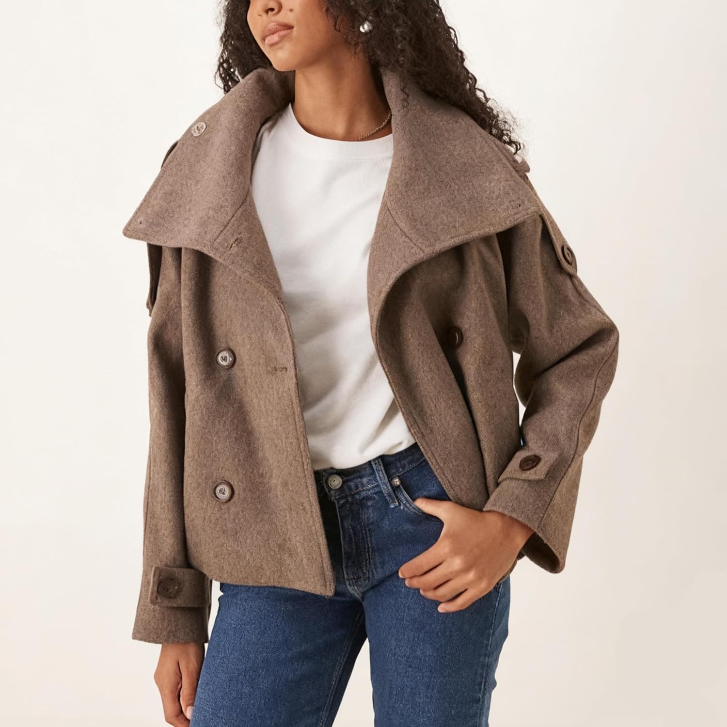 Zoziiee Womens Cropped Pea Coat Wool Blend Double Breasted Notched Stand Collar Trench Overcoat Jackets Fall Casual Outwear - Image 2