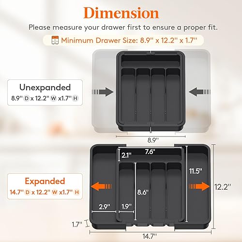 Miniatura 3 de Lifewit Organizador de cajones de cubiertos, bandeja expandible sin BPA para cocina, cubiertos ajustable y soporte para cubiertos para cucharas,