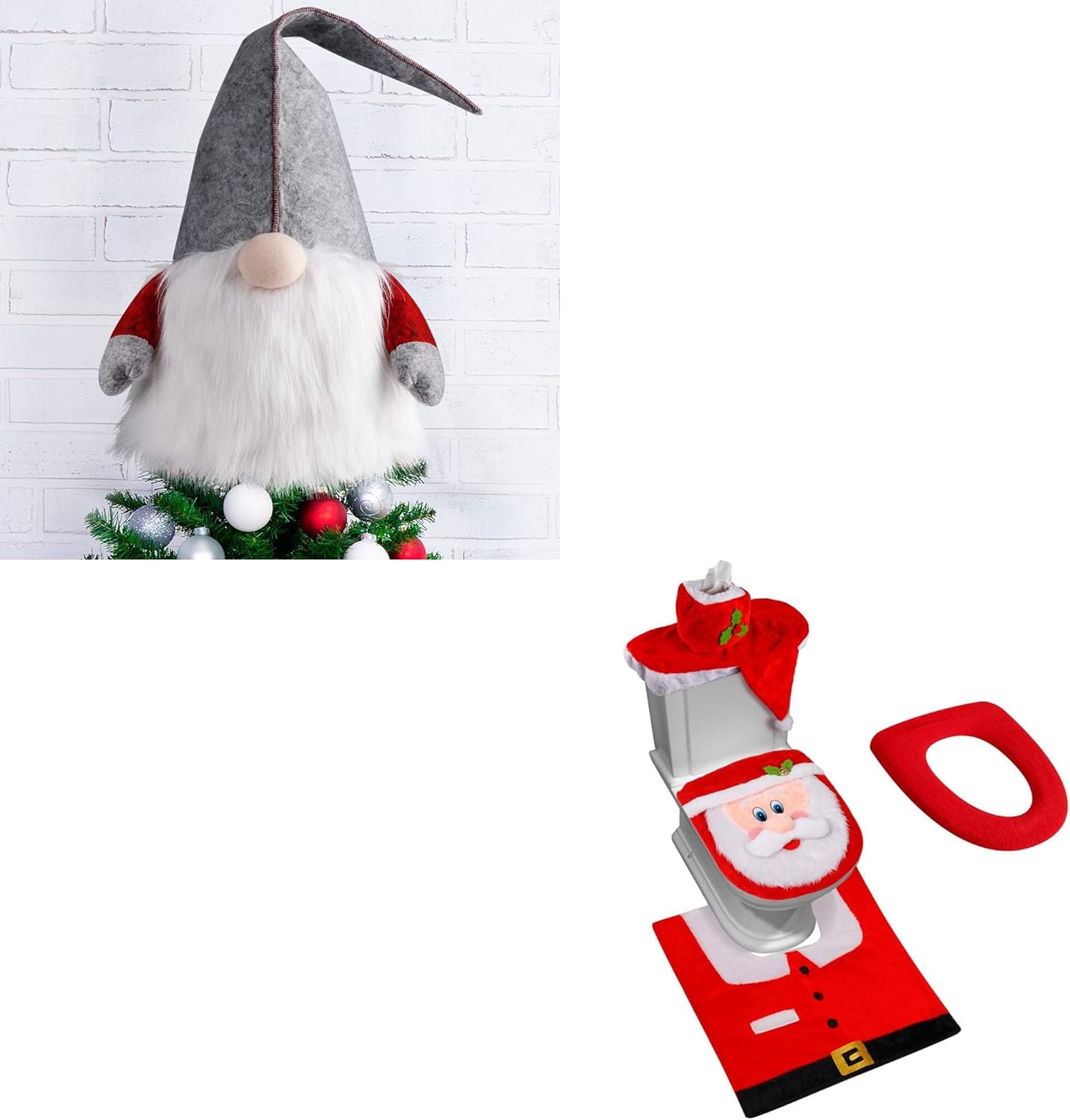 D-FantiX Gray Hat Gnome Christmas Tree Topper & 3D Nose Santa Toilet Seat Cover and Rug Set