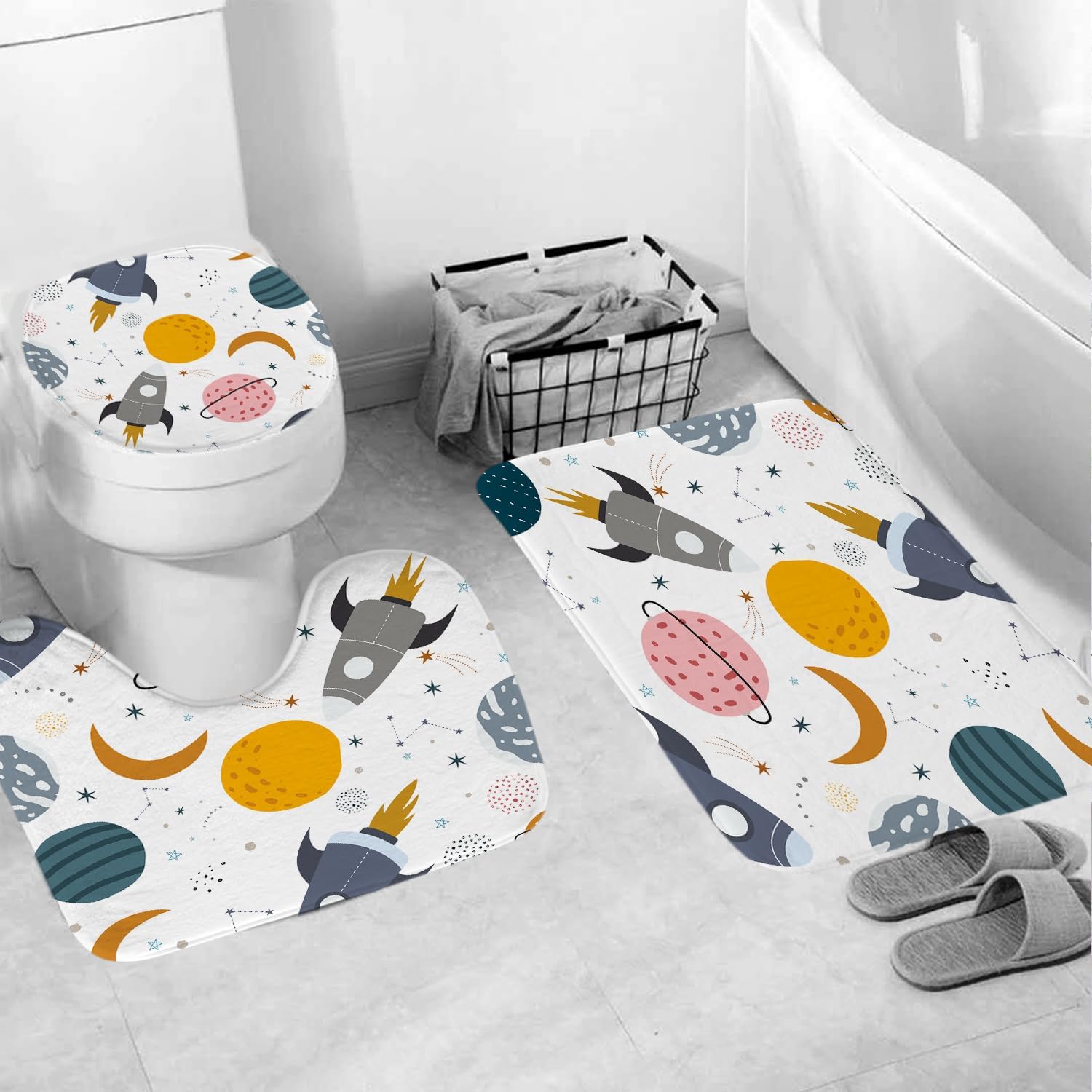 4 Pcs Kids Boys Shower Curtain Sets with Non-Slip Rugs, Cartoon Planet Cute Universe Galaxy Space Moon Kid Shower Curtain Bathroom Set Baby Cosmos for Boys Girls Kids Bath Curtain 72x72In