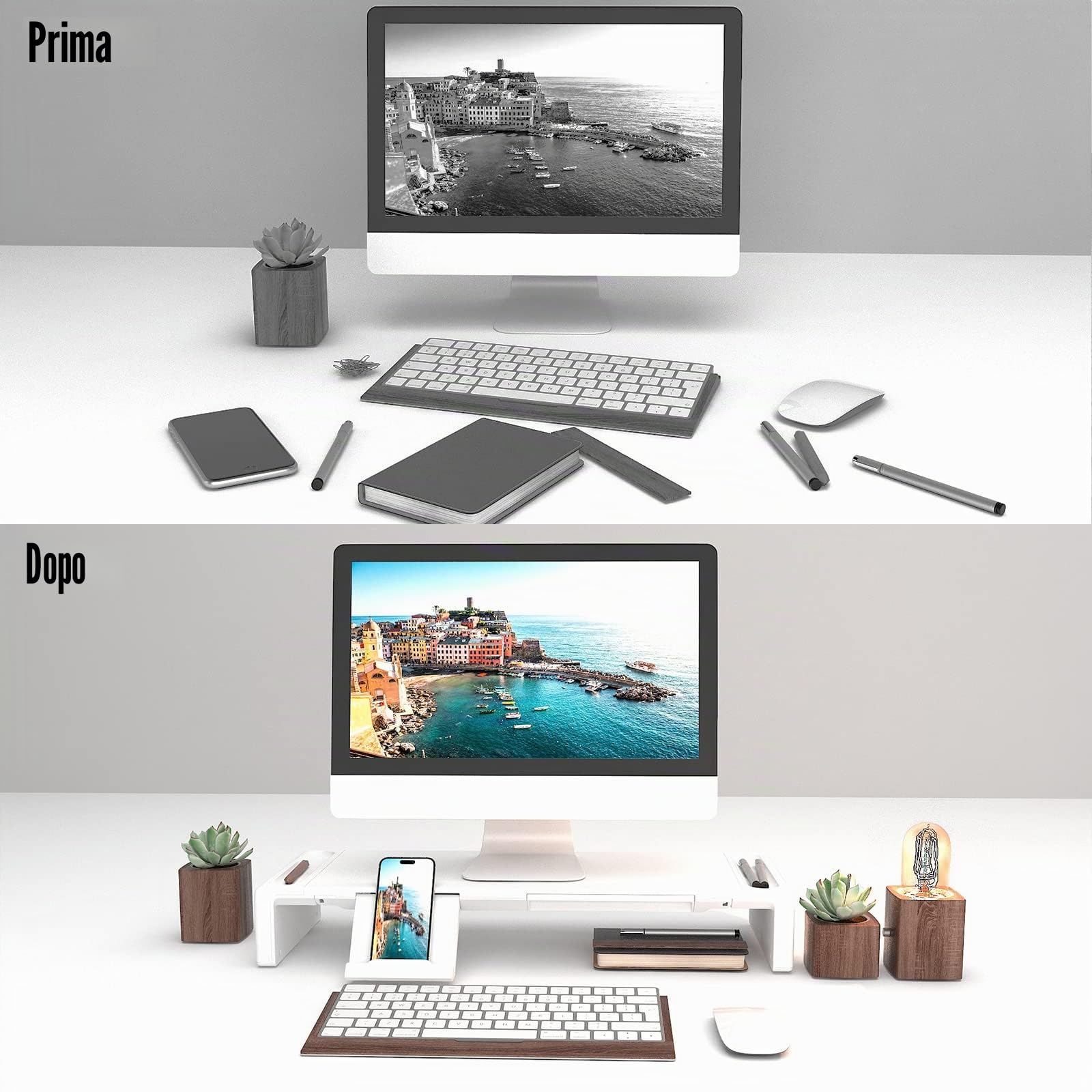 OImaster Supporto per monitor pieghevole, lunghezza regolabile, cassetto portaoggetti e portapenne, compatibile con computer, desktop, laptop, risparmiare spazio (bianco)