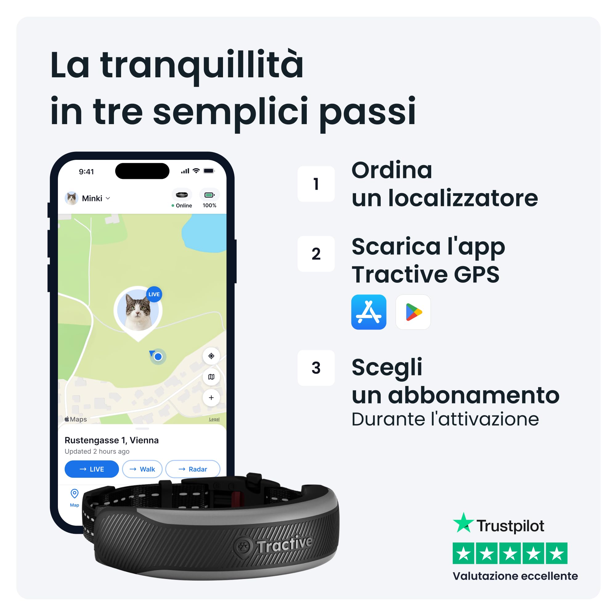 Tractive GPS Gatti Mini | Edizione 2026 | Miglior GPS Gatto | Localizzazione in Tempo Reale | Avvisi di Salute e Monitoraggio dei Parametri Vitali | Sgancio di Sicurezza | Collare Integrato (Nero)