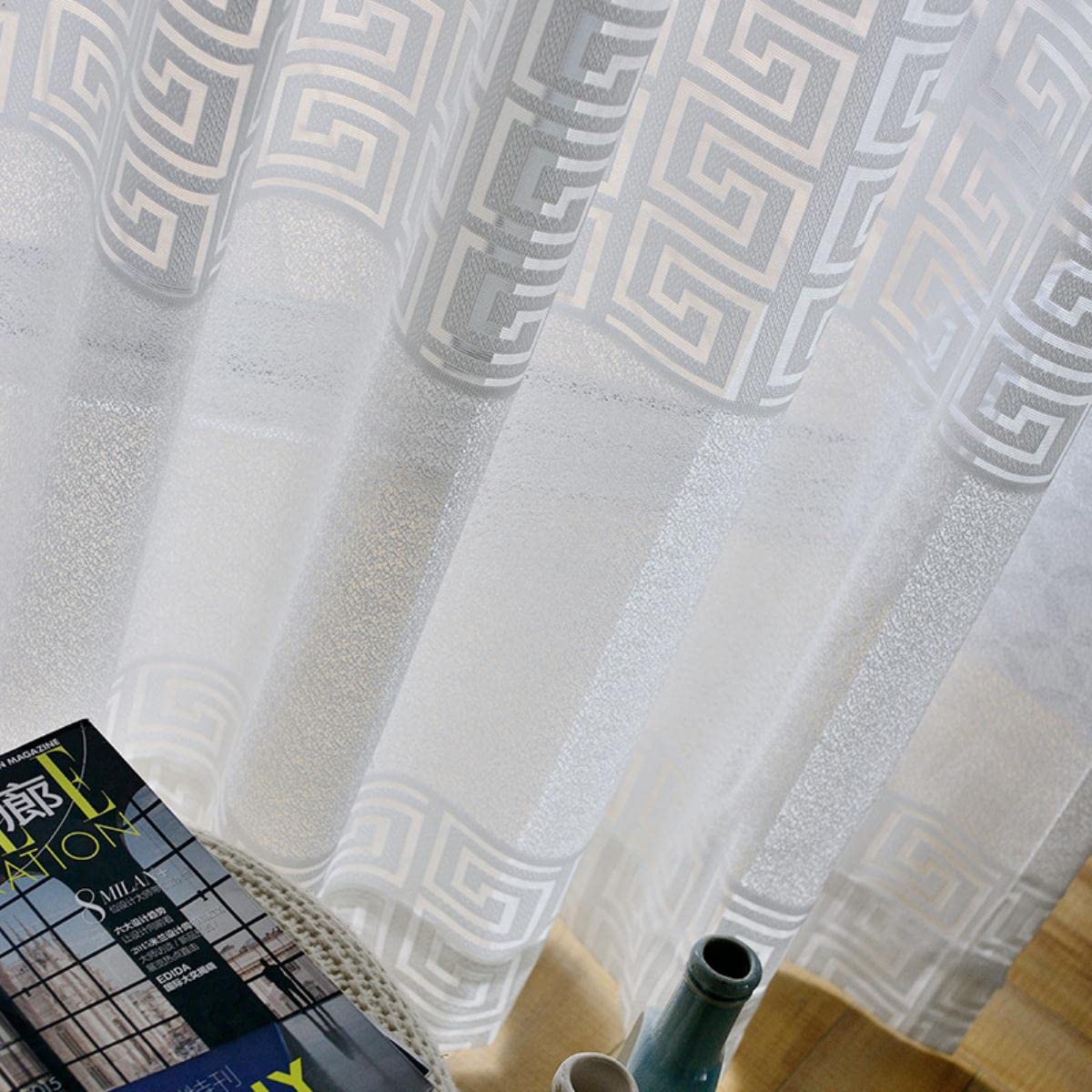Rideaux en Tulle Blanc Moderne pour Salon Chambre voilages géométriques Rideaux pour fenêtres-Tulle Blanc, W300xL260cm 1PC,Chine,Crochets