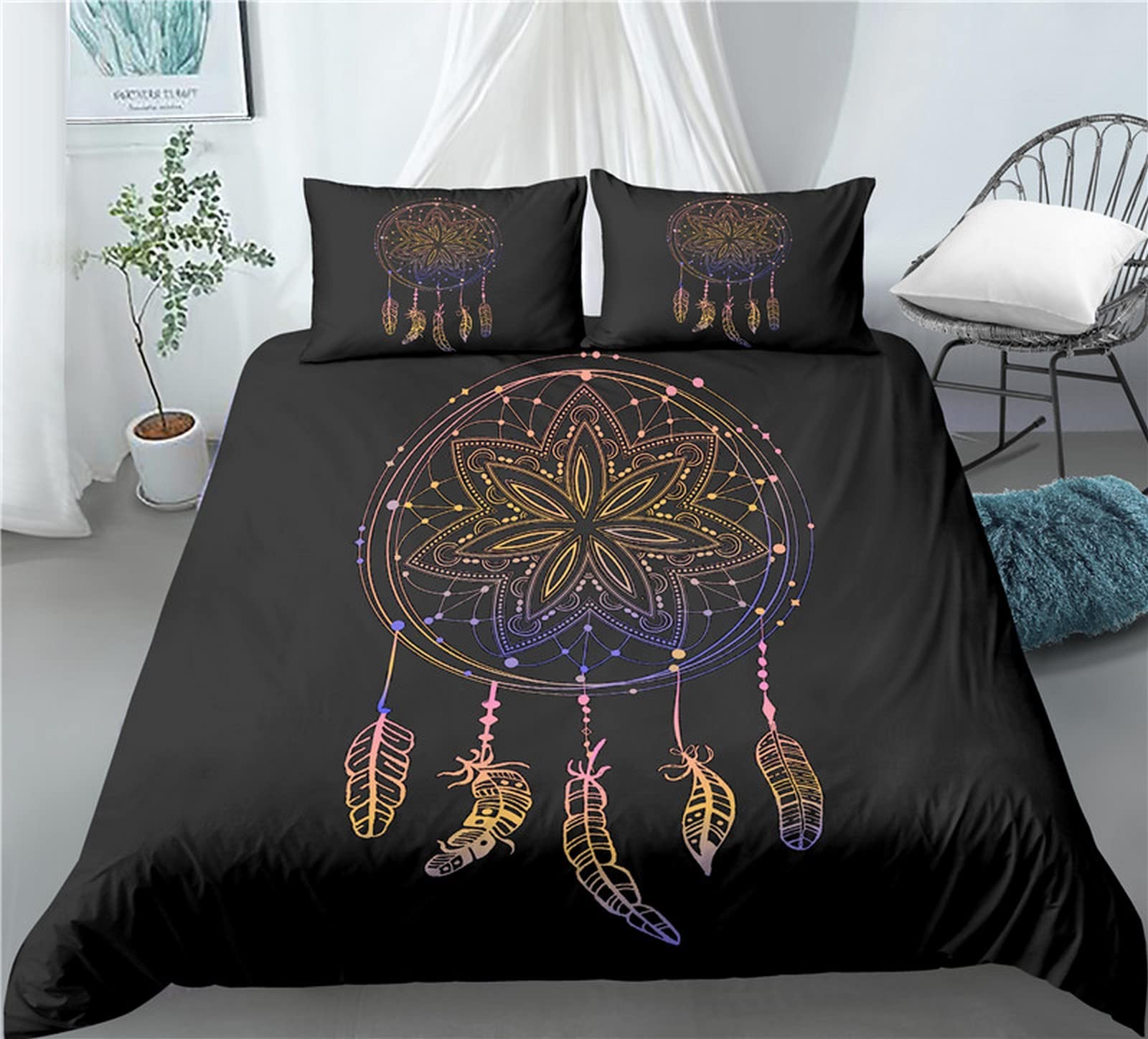 EWDDDEABedding Duvet Cover Set With Zipper Closure, Double 200 X 200 Cmdream Catcher Moon Feathers Printed Lightweight Microfiber Set Of 3，Children'S Bedroom New Year Gifts No Fading Easy To Clean