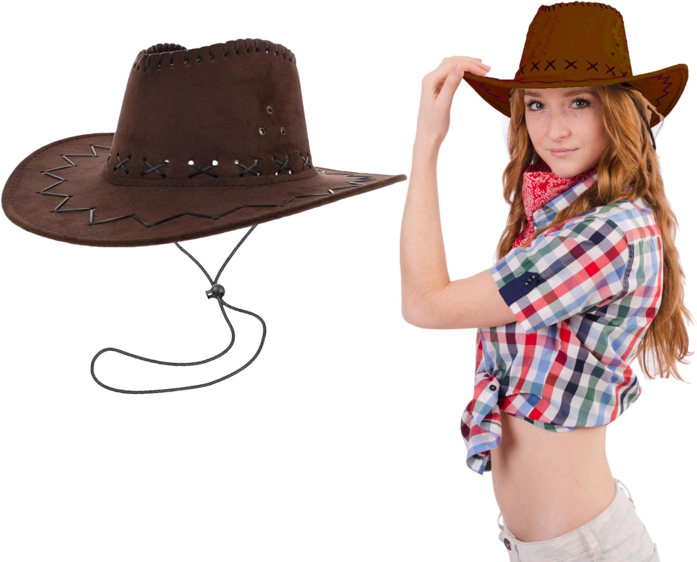 Lizzy 1 x Adult Cowboy Hat Faux Suede Material with Cross Hatch Stitching Det...