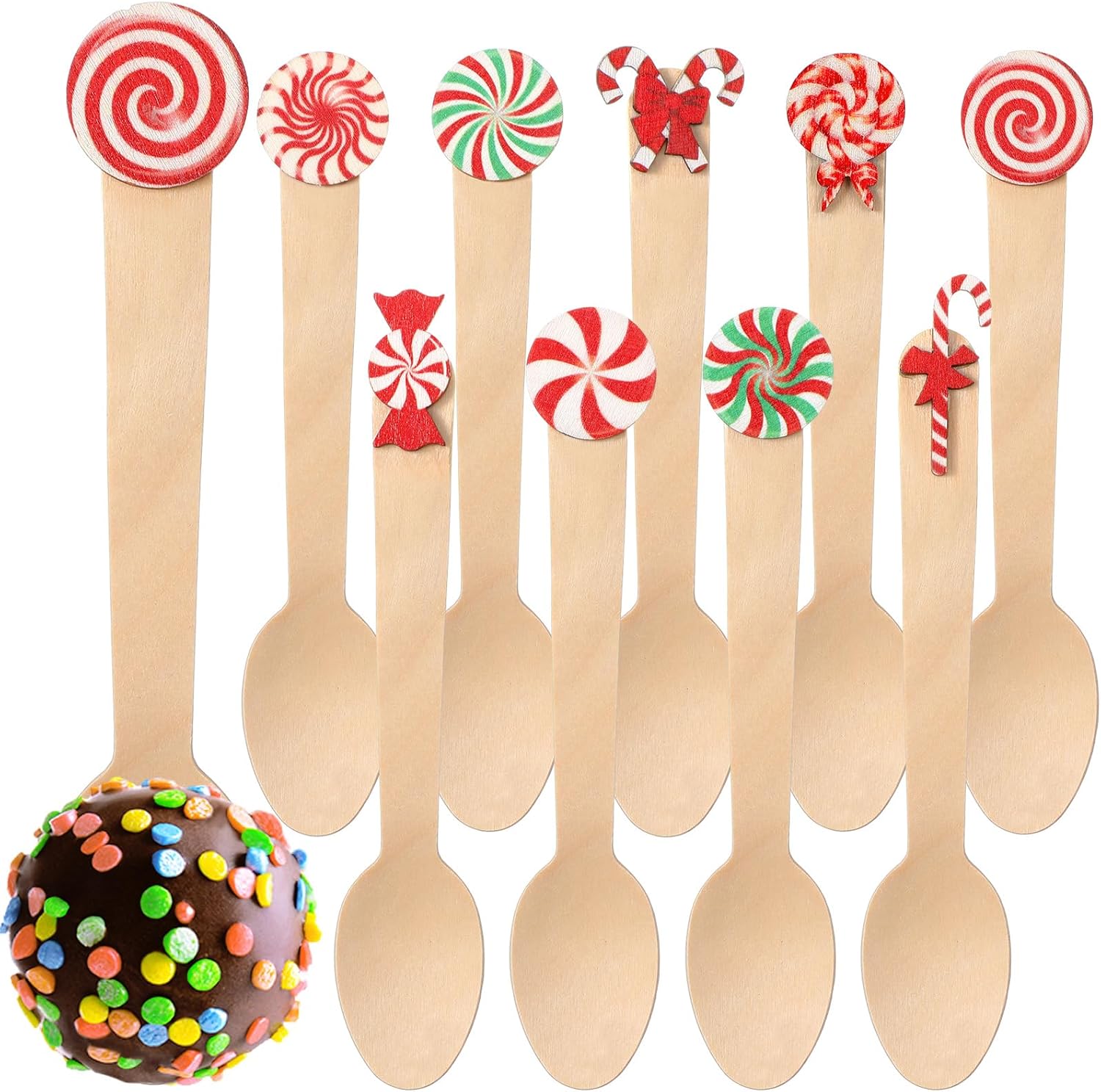 Pickmesh 100 Pieces Christmas Disposable Wooden Spoons with Cute Top, 5.51 Inch Christmas Hot Chocolate Spoons for Tasting Cake Coffee Ice Cream Hot Chocolate Bar Supplies(Candy)