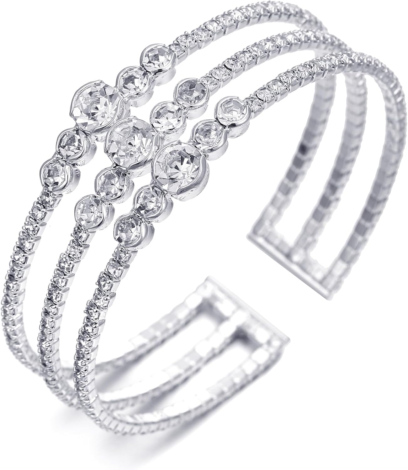 Sparkly Silver Rhinestone Bracelet for Women Multilayer Crystal Layered Cuff Bracelets Bridal Jewelry for Prom Party Wedding