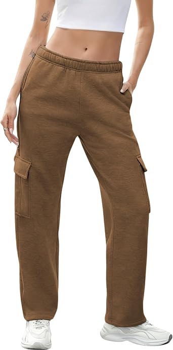 QIBABU Womens Fleece Cargo Sweatpants Casual Baggy Wide Leg Jogger Pants Athletic Open Bottom with Pockets