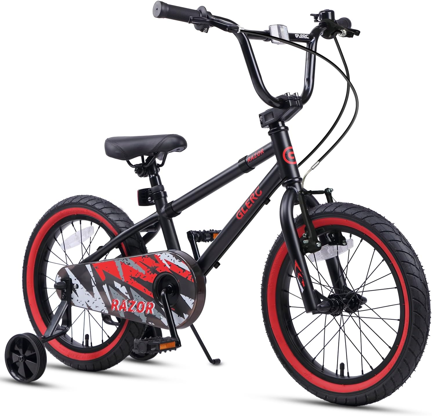 Glerc Razor 16 Inch Children's Bicycle for 4-7 Year Old Boys Teenagers First BMX Style Bicycle with Stand & Safety Bell & Removable Stabilisers, Black with Red Tyres