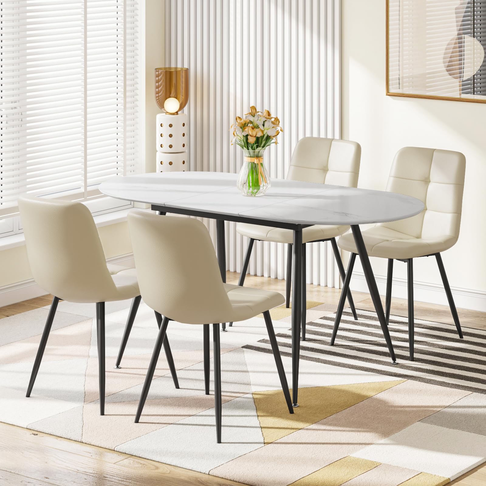 Luxstein Extendable Dining Table and Chairs Set 4, 120-160cm Oval Marble Effect Table with 4 Beige Upholstered PU Chairs for Dining Room, Kitchen