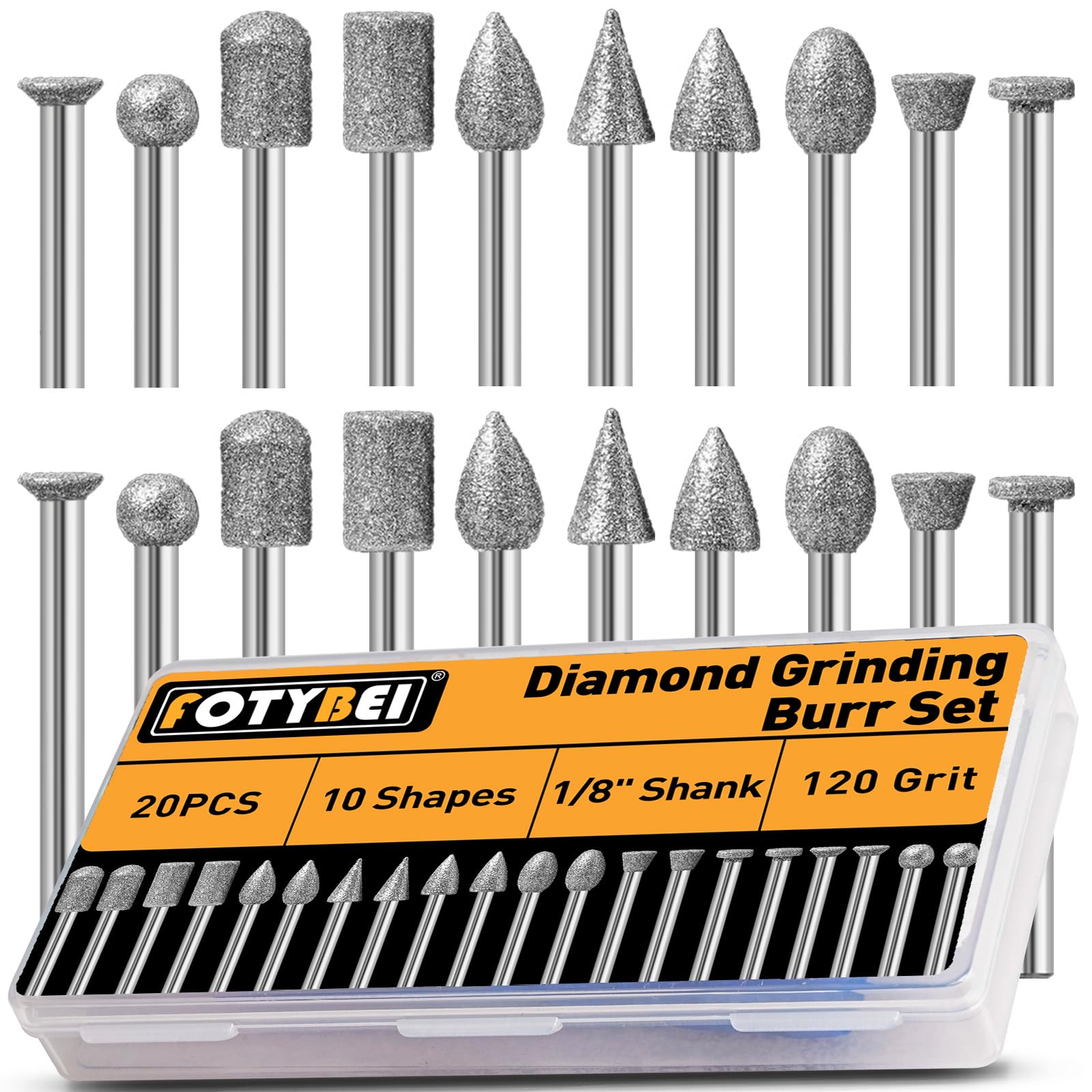 Fotybei 20Pcs 120 Grit Diamond Grinding Burr Bits Set Compatible With Dremel Rotary Tools, Diamond Burrs With 1/8" Shank For Stone Glass Ceramic Grinding Carving And Polishing