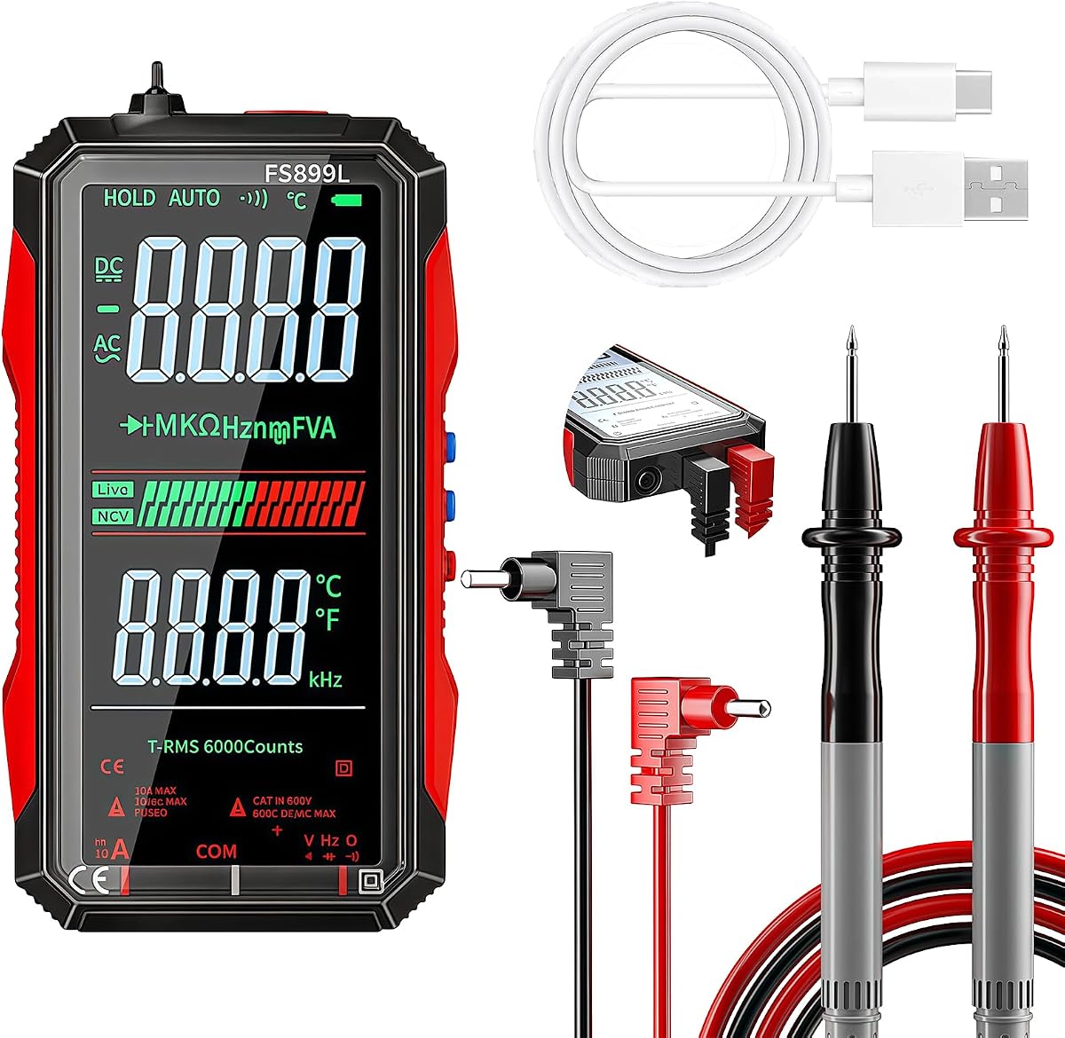 Probador de voltaje CA/CC RMS verdadero de 6000 cuentas, multímetro digital FS899L con pantalla a color, prueba eléctrica recargable USB C, NCV, capacitancia, detector de voltaje sin contacto para automóvil, hogar (FS899L)